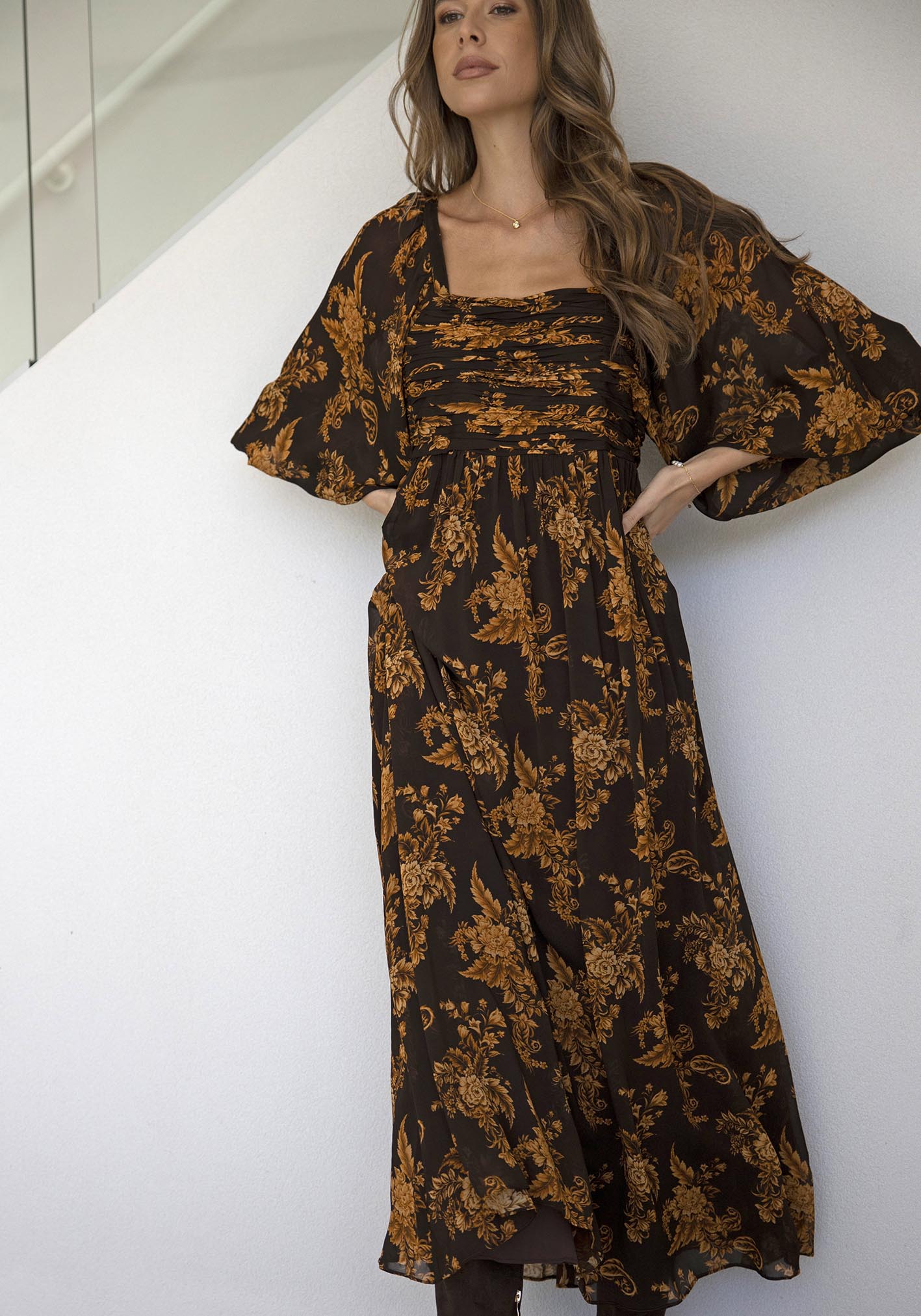 Golden Dawn Floral Sleeve Maxi Dress