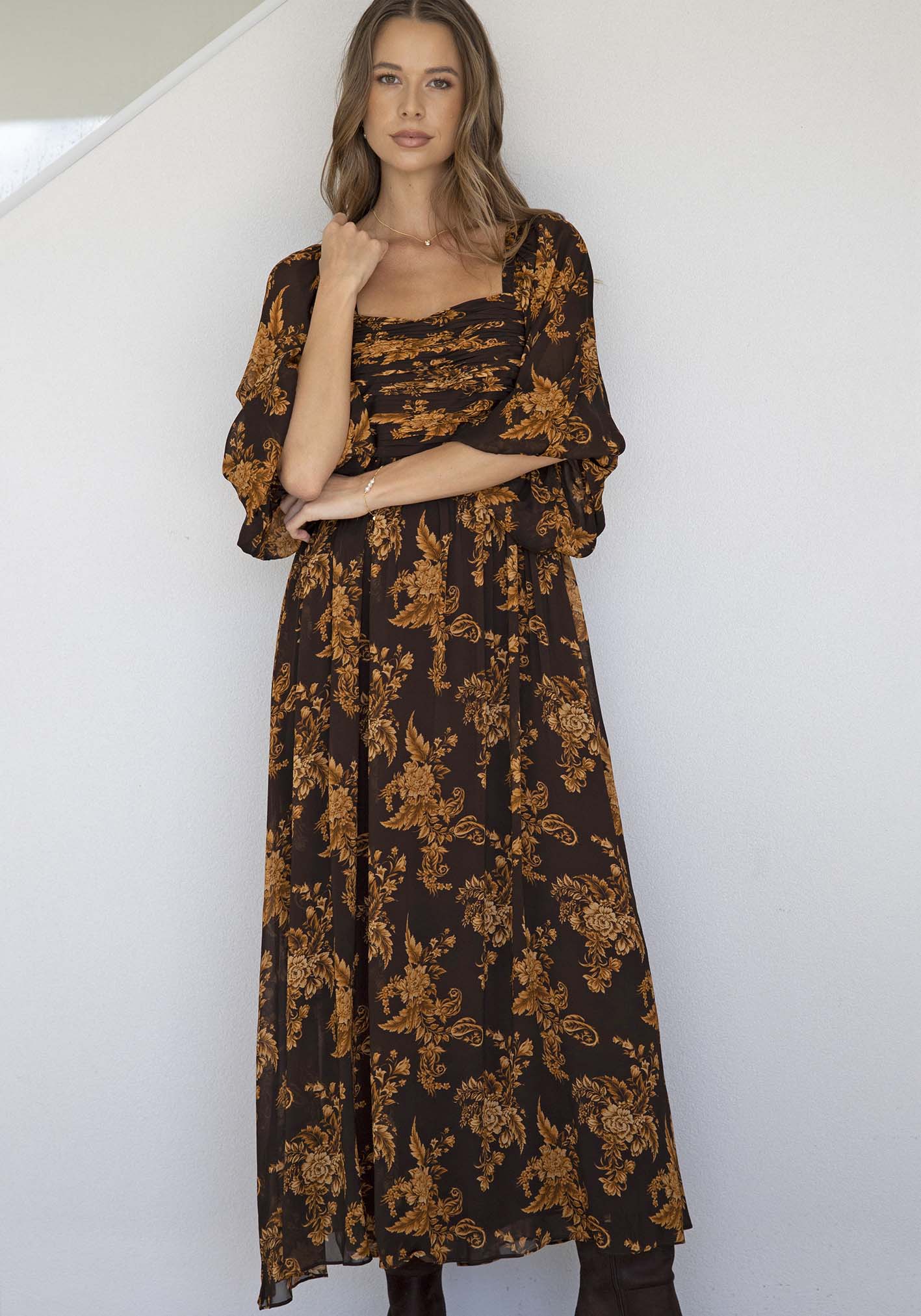 Golden Dawn Floral Sleeve Maxi Dress
