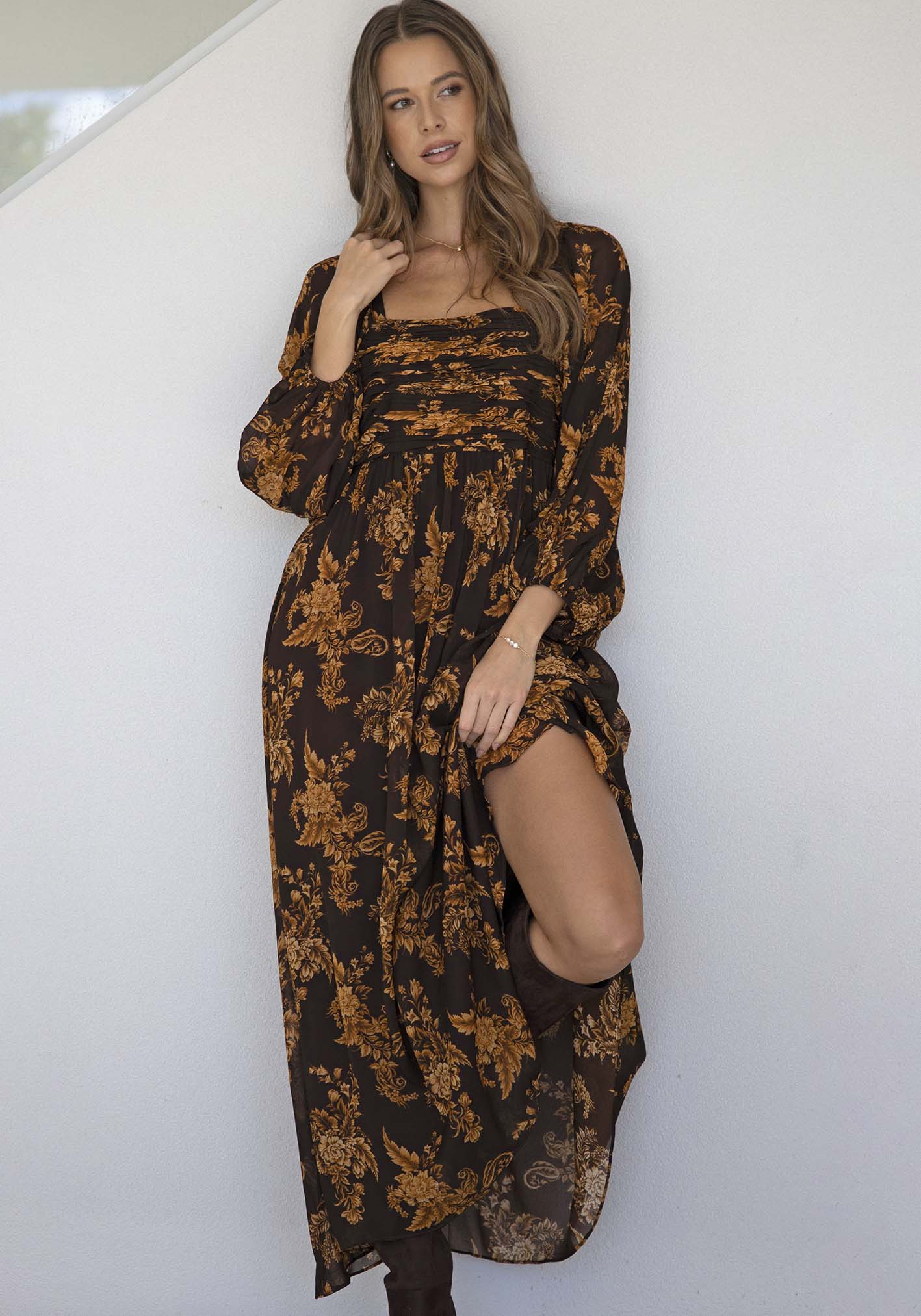 Golden Dawn Floral Sleeve Maxi Dress