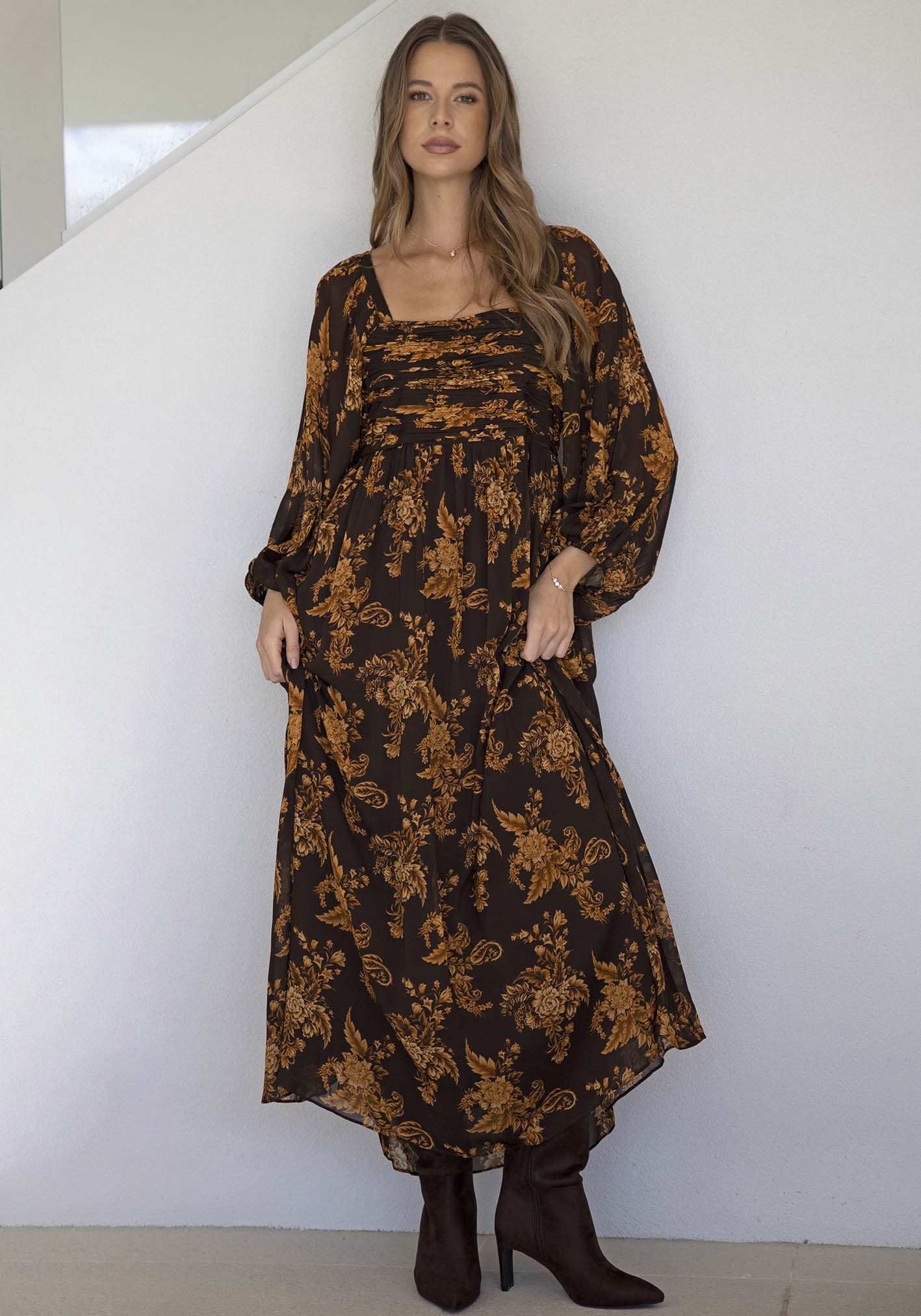 Golden Dawn Floral Sleeve Maxi Dress