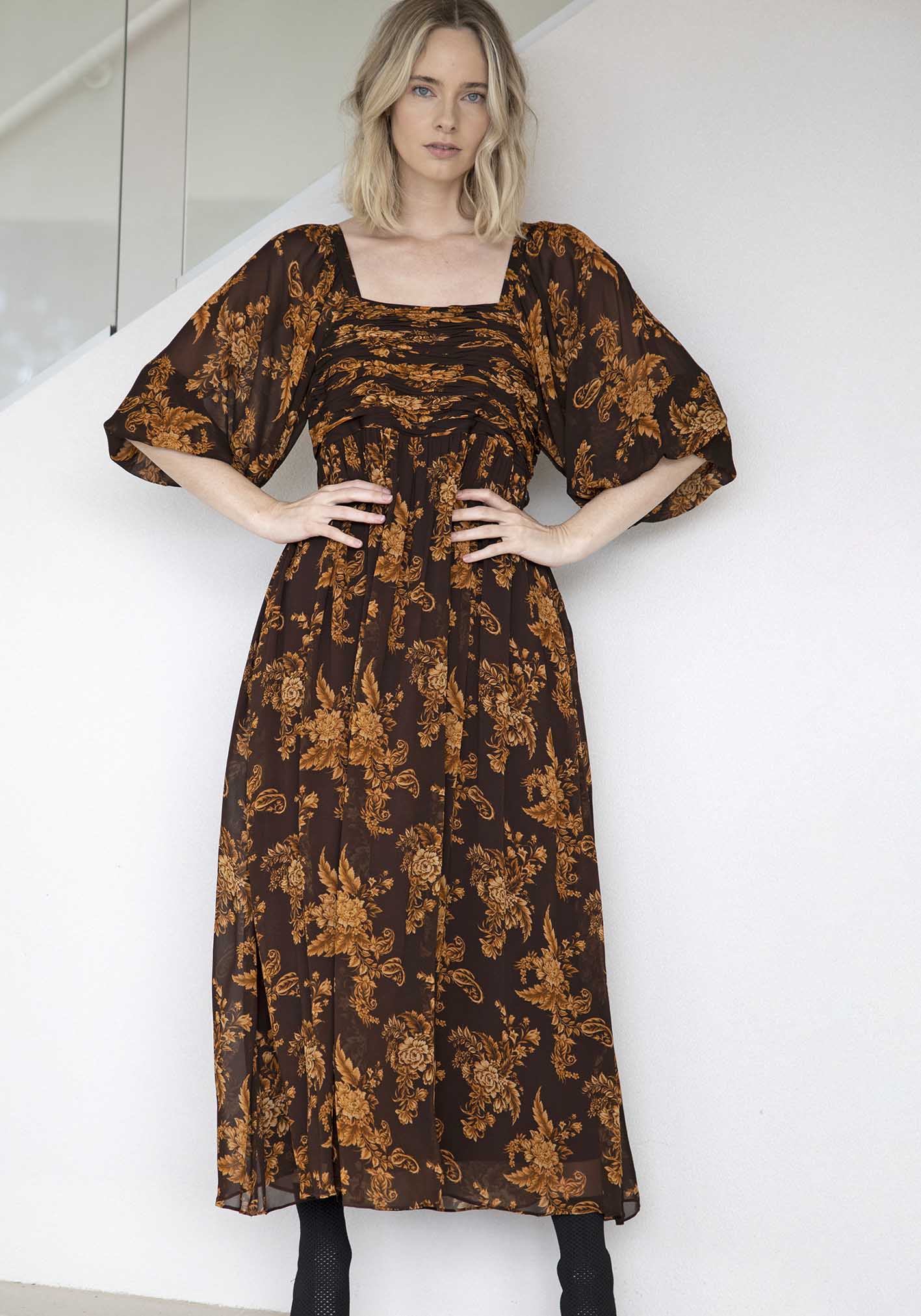 Golden Dawn Floral Sleeve Maxi Dress