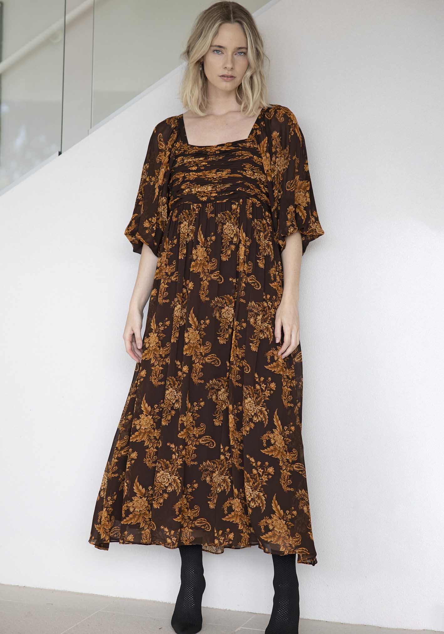 Golden Dawn Floral Sleeve Maxi Dress