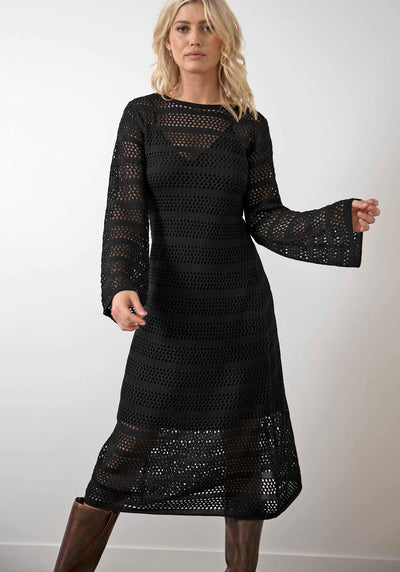 Hurricane Crochet Knit Midi Dress Black