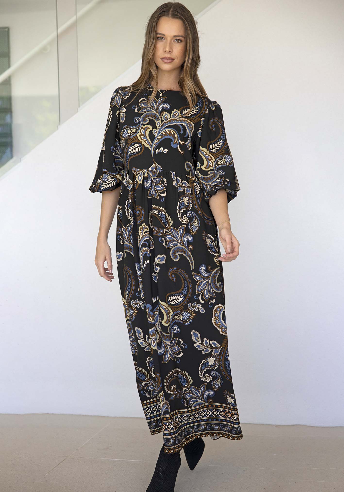 La Bella Paisley Balloon Sleeve Maxi Dress