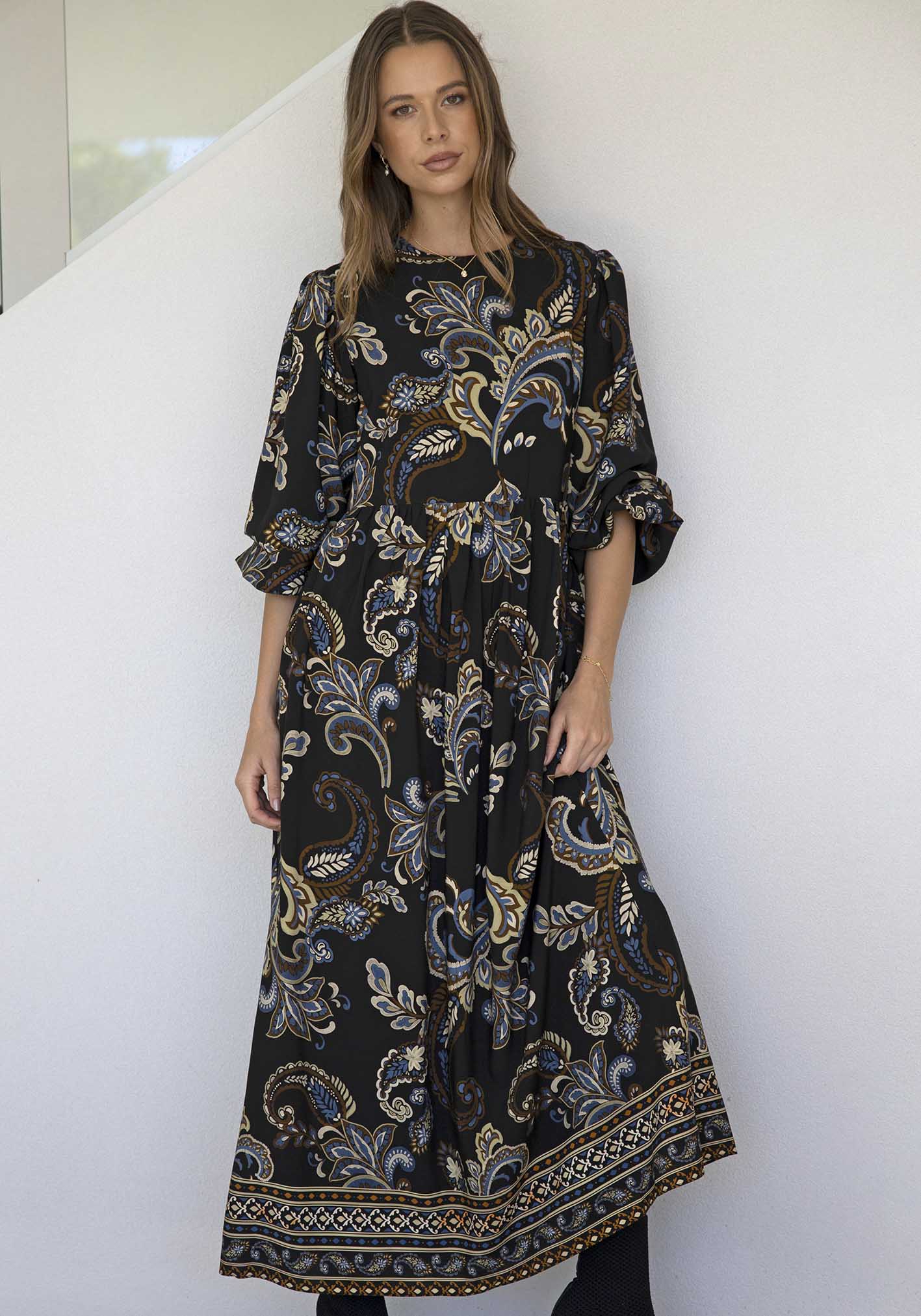 La Bella Paisley Balloon Sleeve Maxi Dress