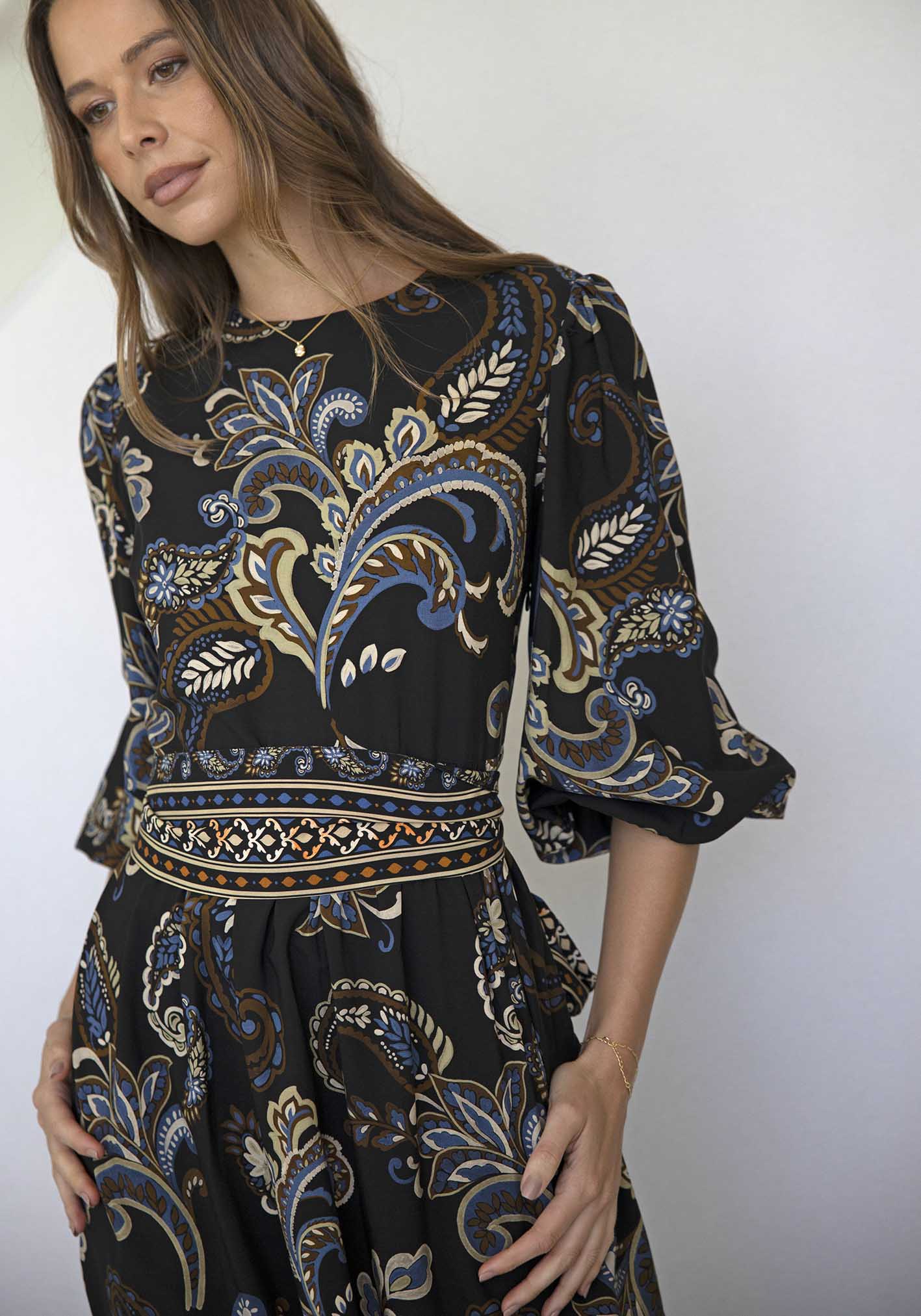 La Bella Paisley Balloon Sleeve Maxi Dress