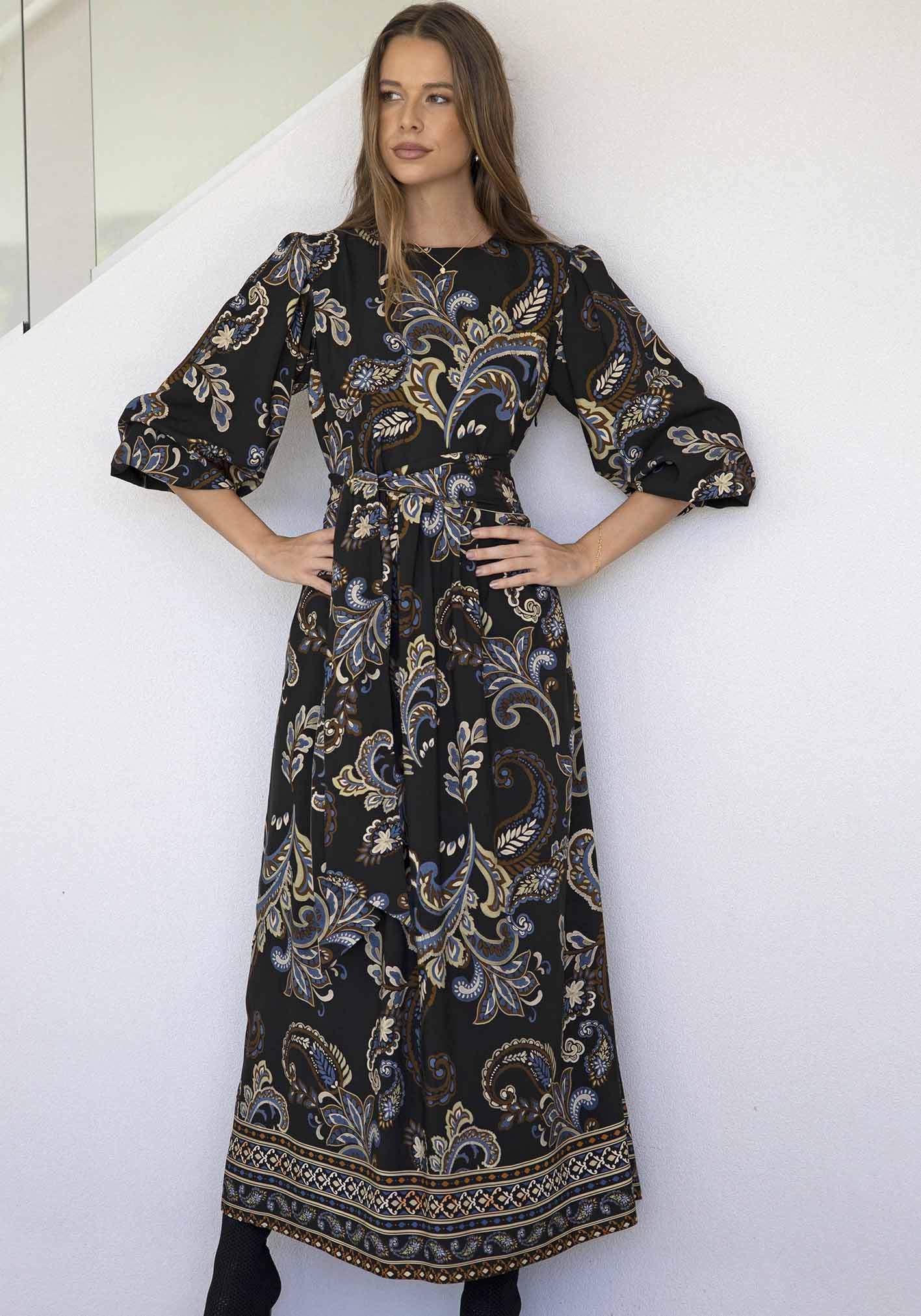 La Bella Paisley Balloon Sleeve Maxi Dress