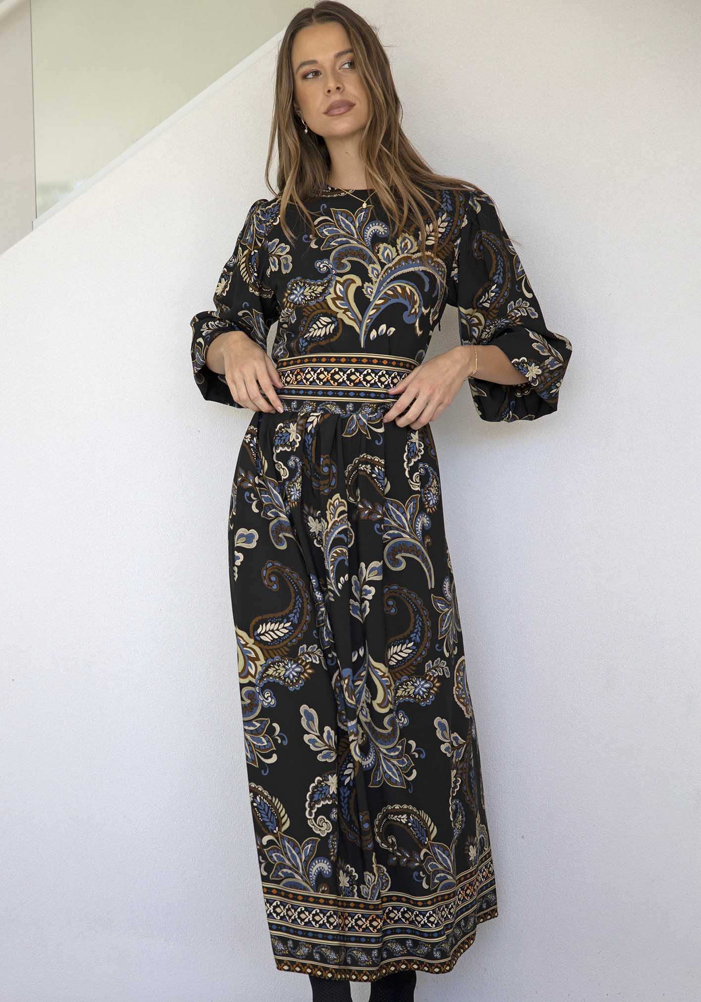 La Bella Paisley Balloon Sleeve Maxi Dress
