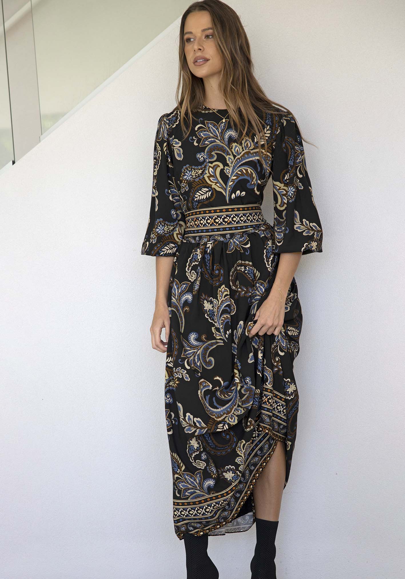 La Bella Paisley Balloon Sleeve Maxi Dress