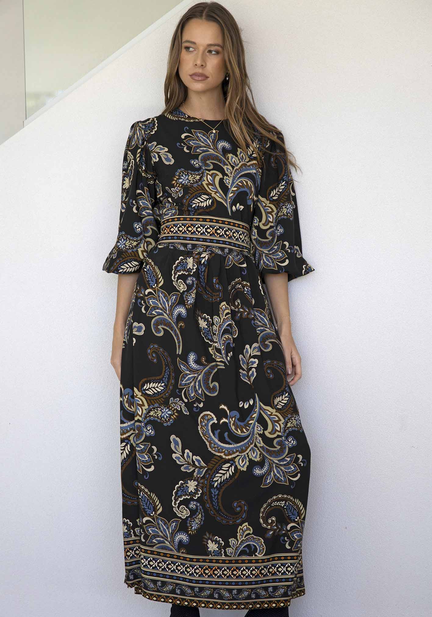 La Bella Paisley Balloon Sleeve Maxi Dress