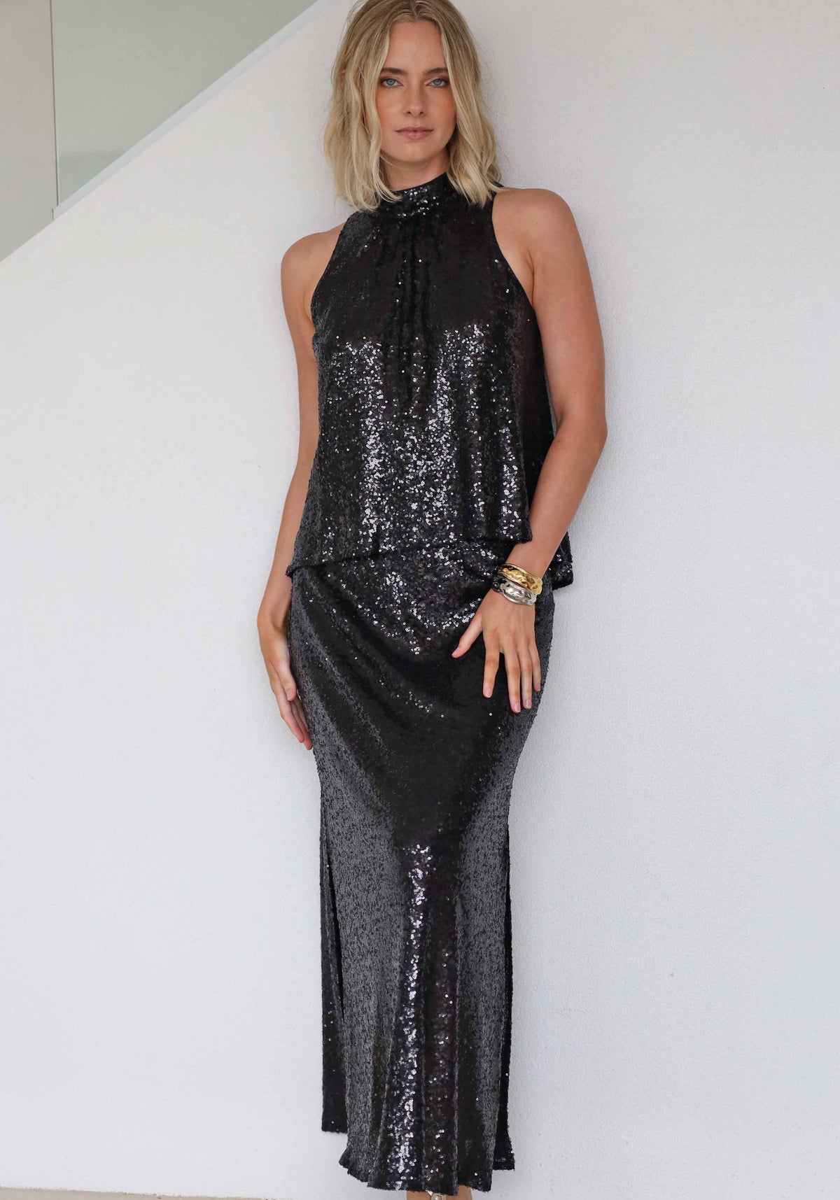 Main Event Black Sequin Halter Top