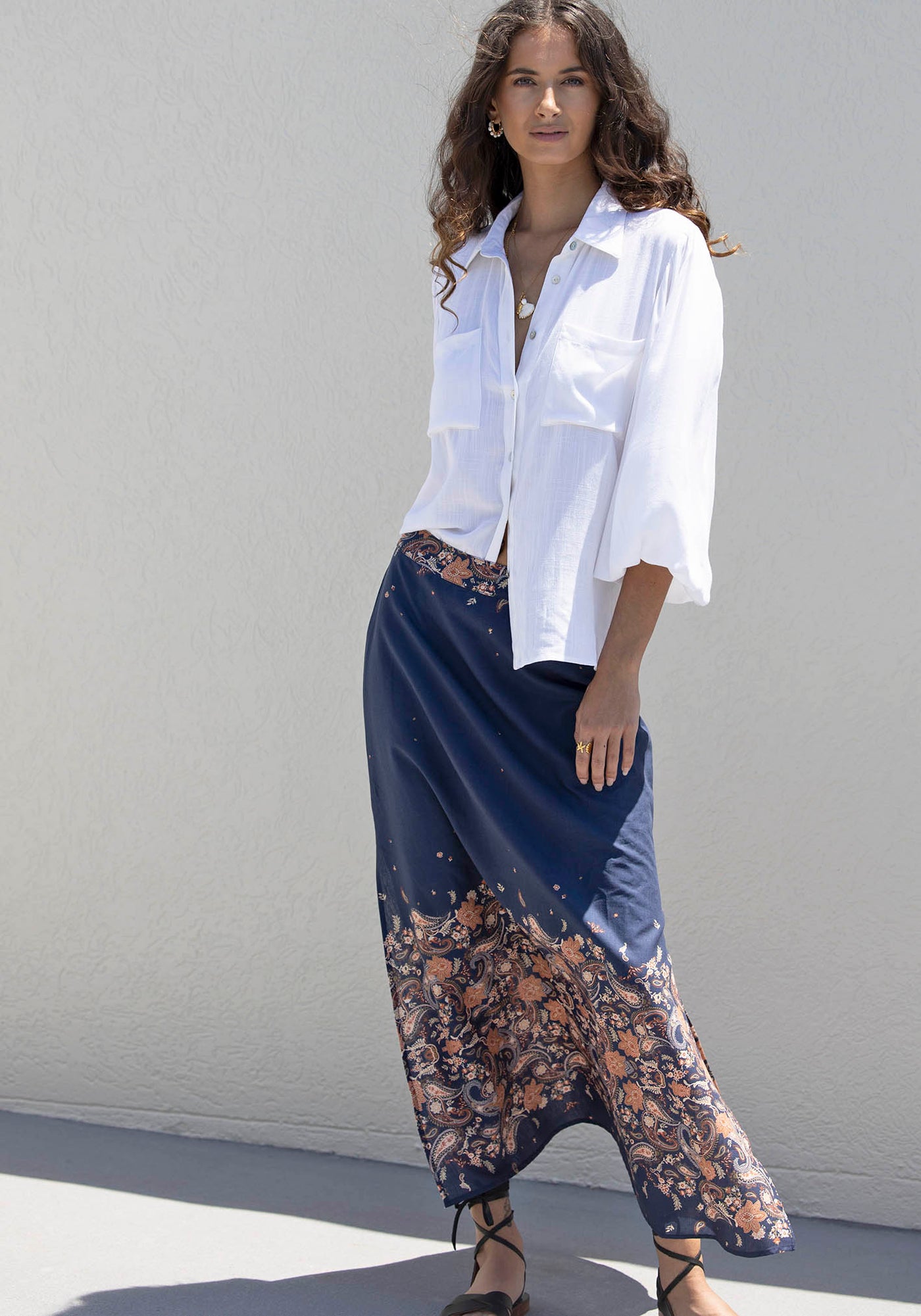 Midsummer's Paisley Linen Skirt + Sydney White Linen Blouse