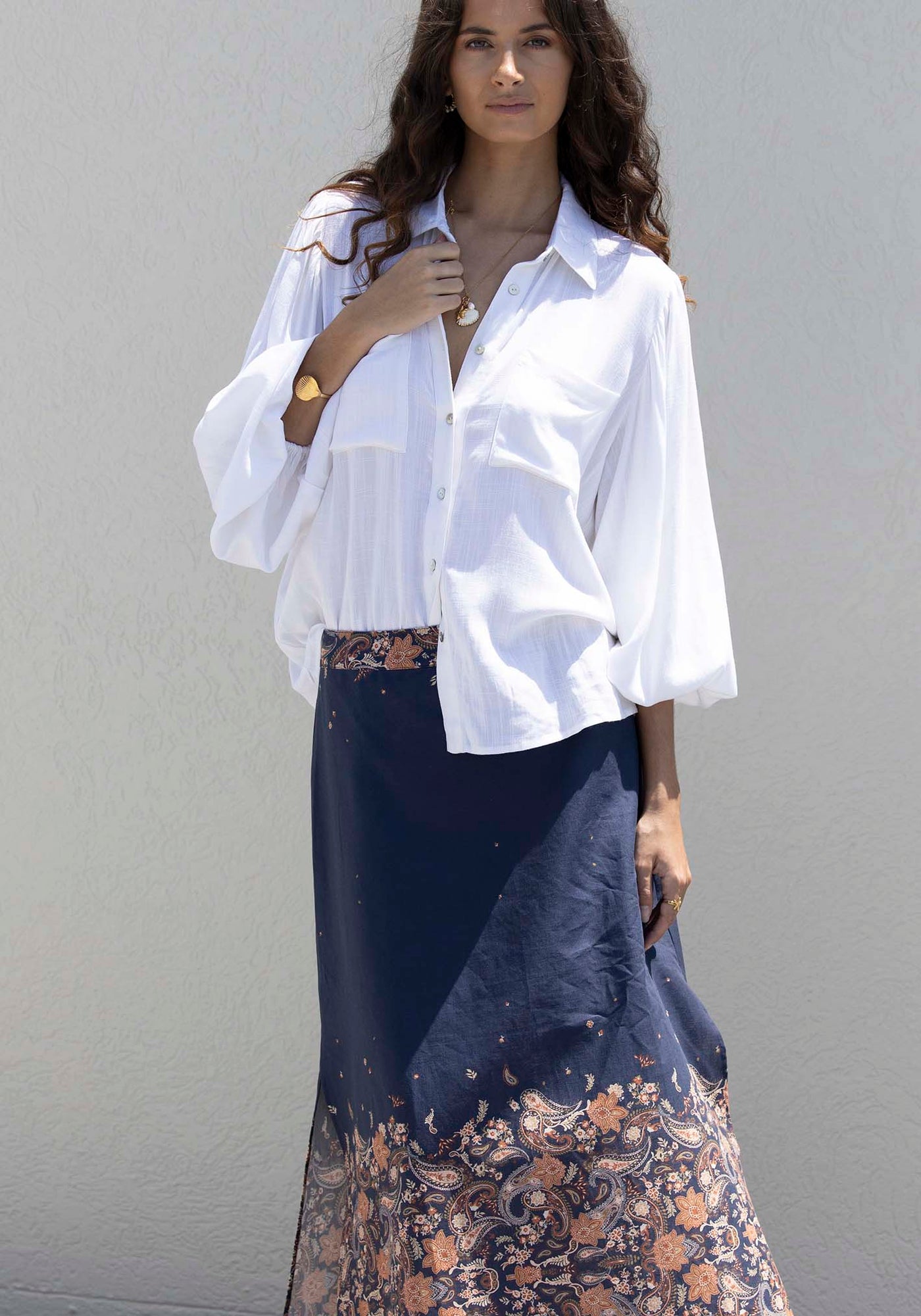 Midsummer's Paisley Linen Skirt + Sydney White Linen Blouse