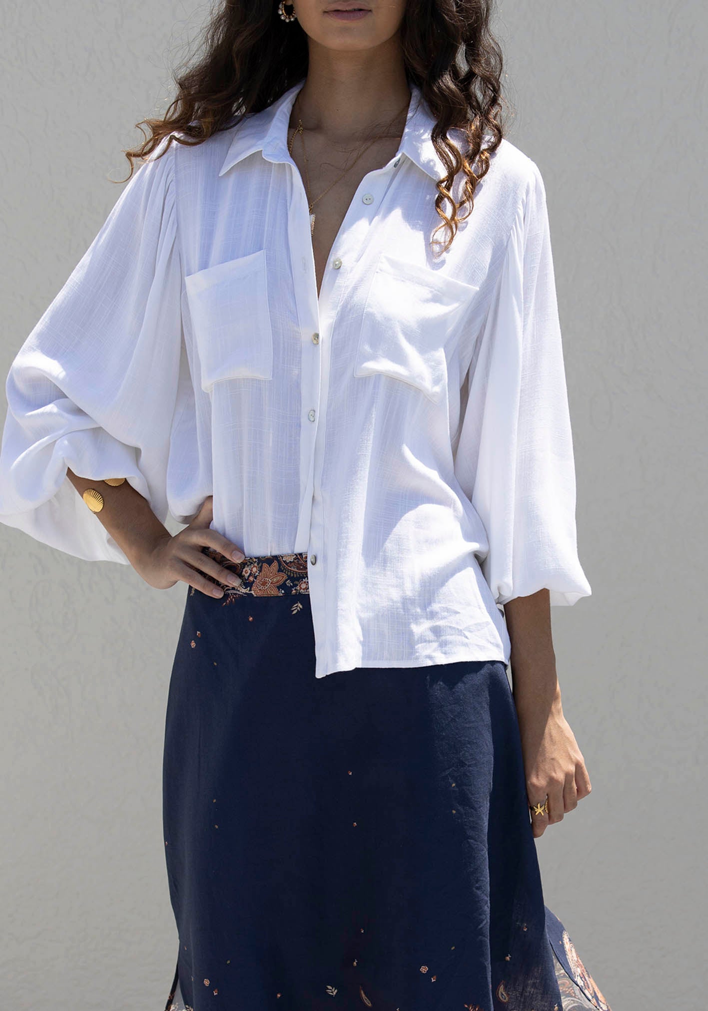 Midsummer's Paisley Linen Skirt + Sydney White Linen Blouse