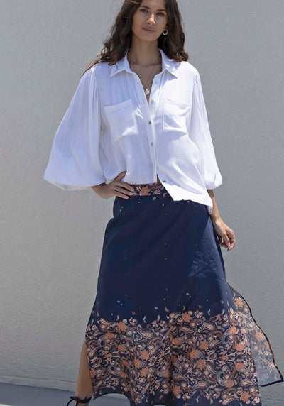 Midsummer's Paisley Linen Skirt + Sydney White Linen Blouse