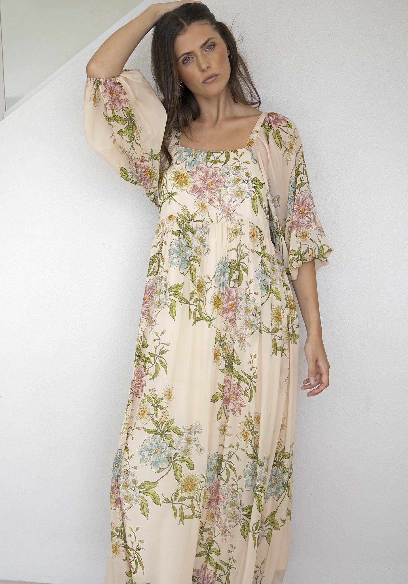 Momento Cream Floral Square Neck Maxi Dress