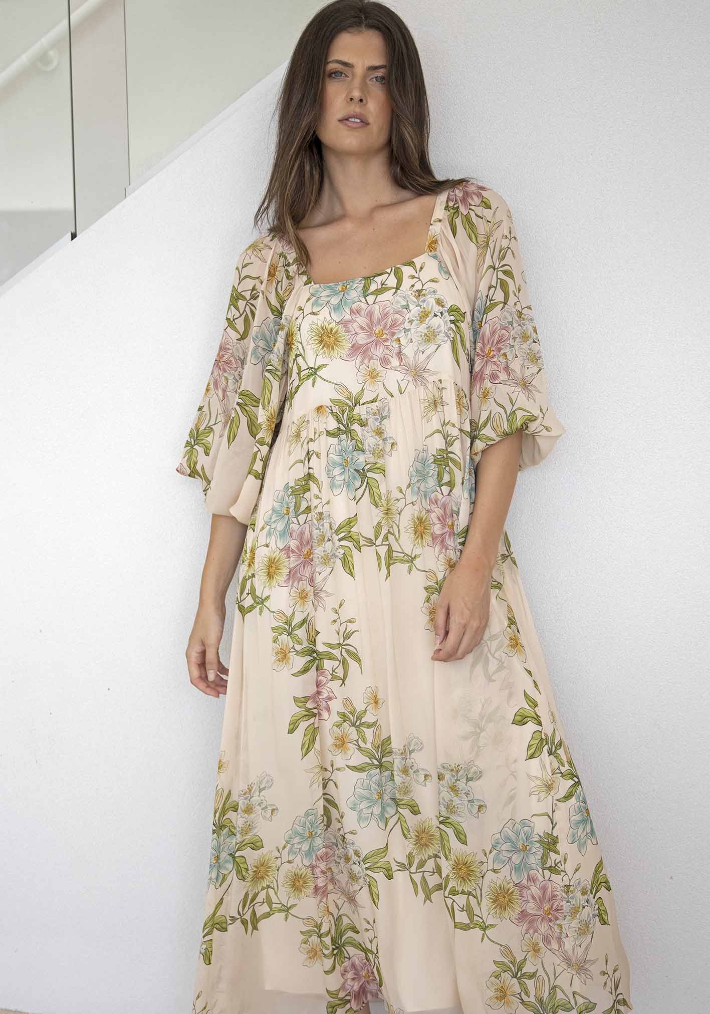 Momento Cream Floral Square Neck Maxi Dress