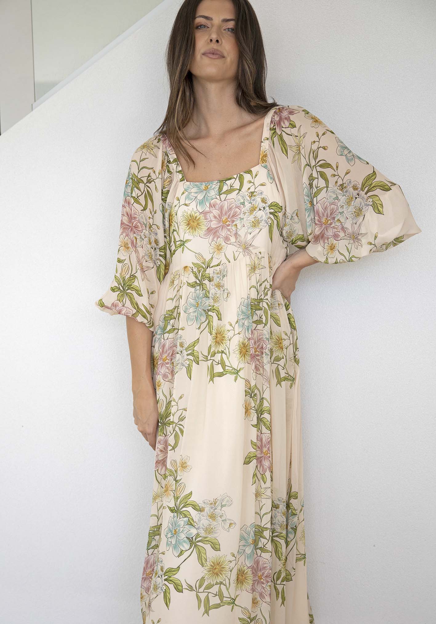Momento Cream Floral Square Neck Maxi Dress