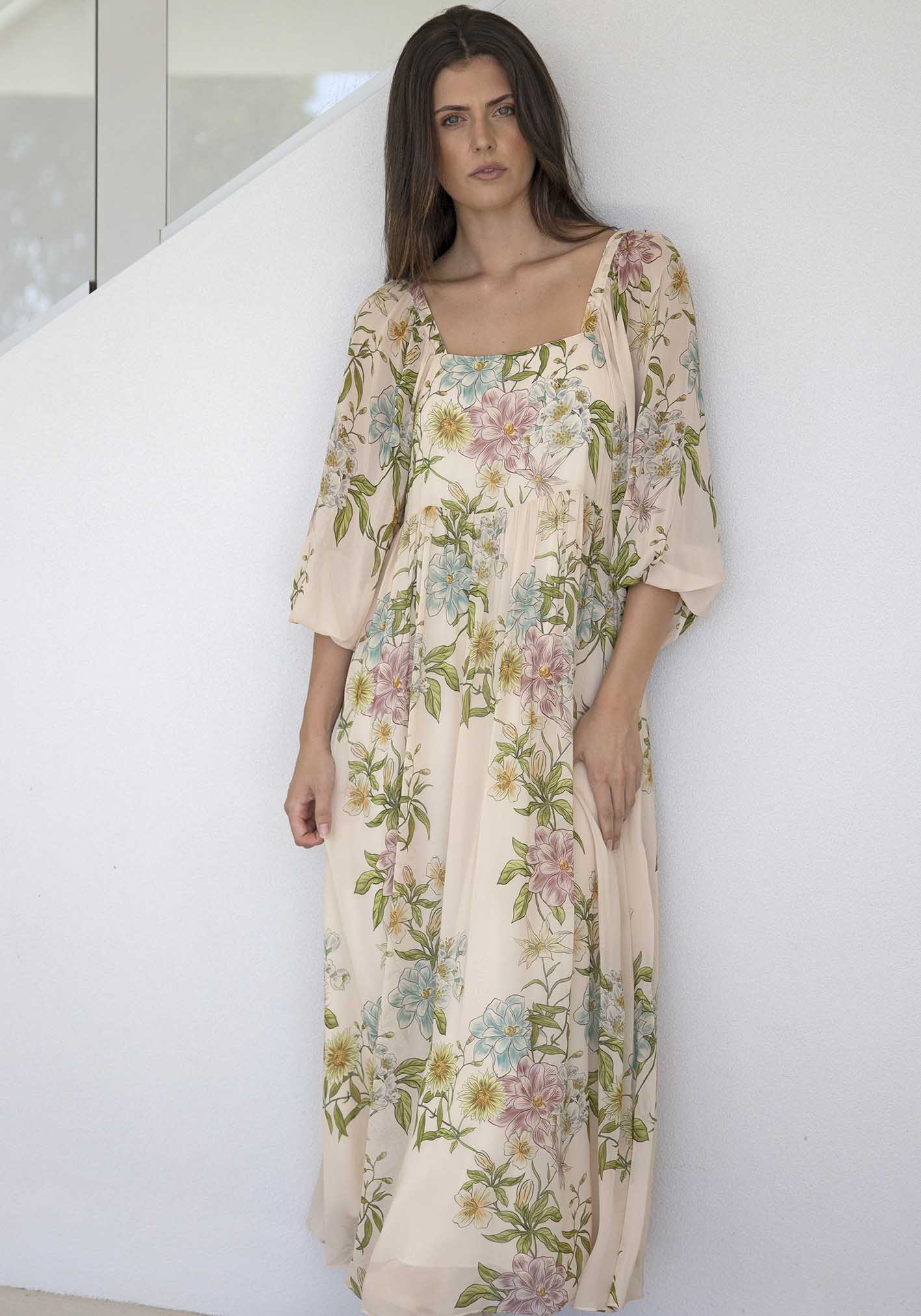 Momento Cream Floral Square Neck Maxi Dress