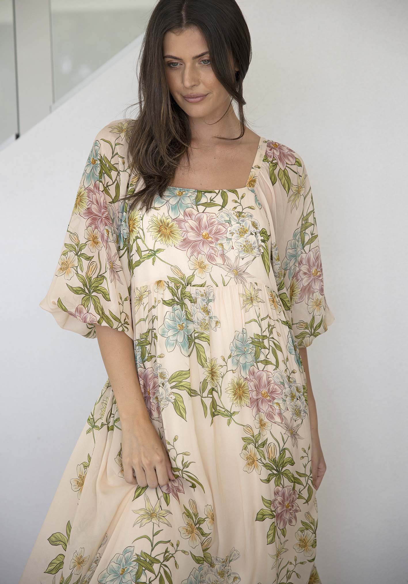 Momento Cream Floral Square Neck Maxi Dress