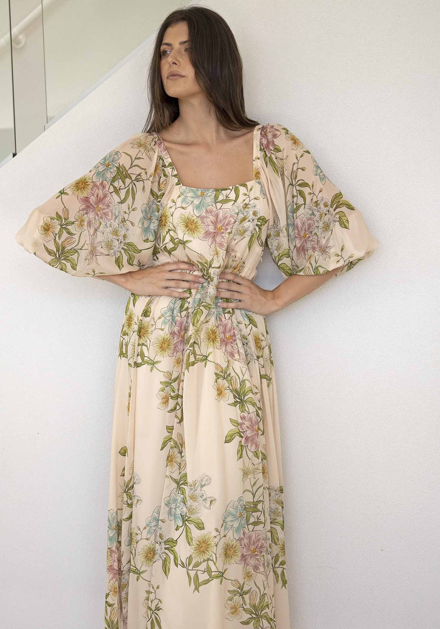 Momento Cream Floral Square Neck Maxi Dress
