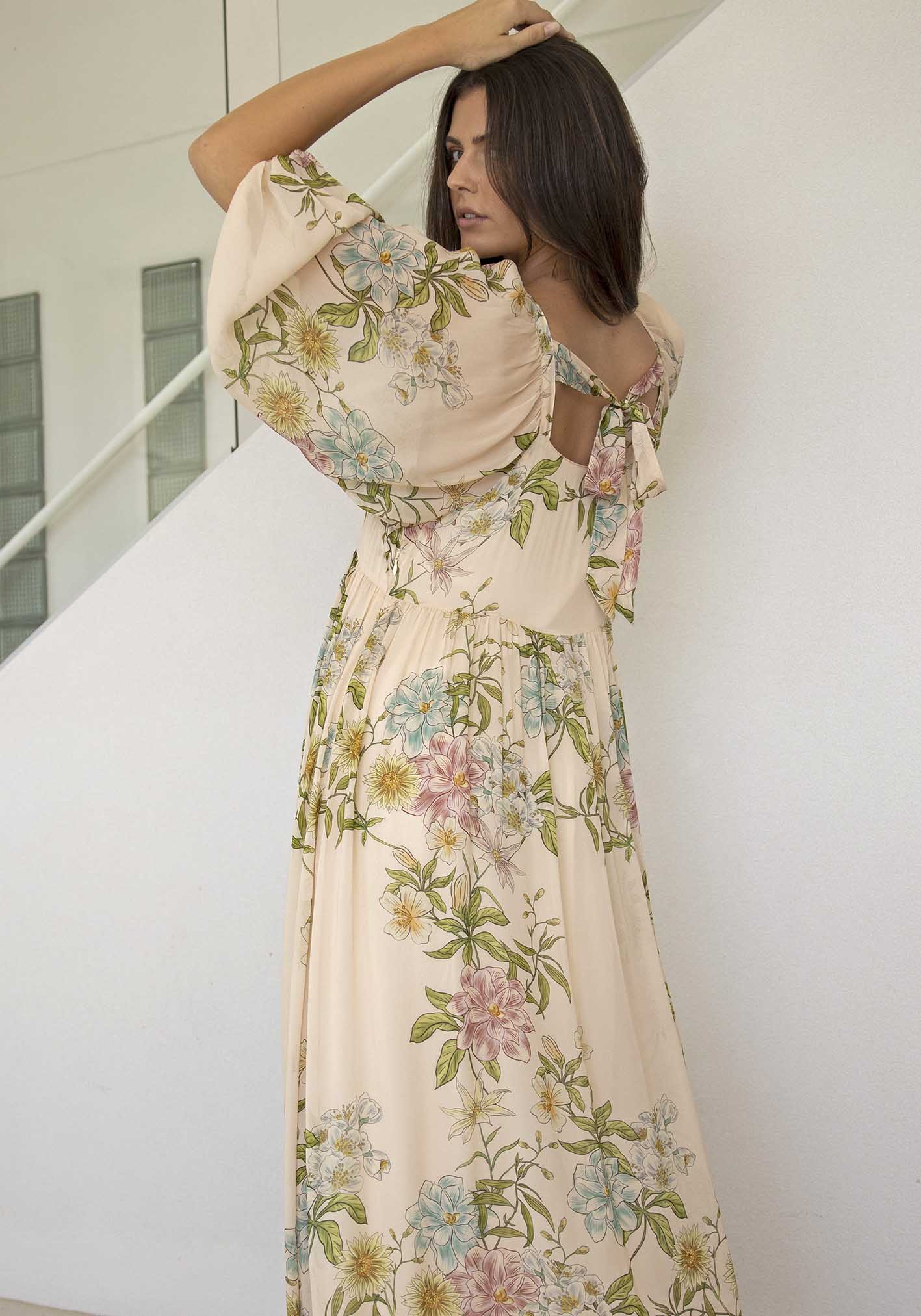 Momento Cream Floral Square Neck Maxi Dress