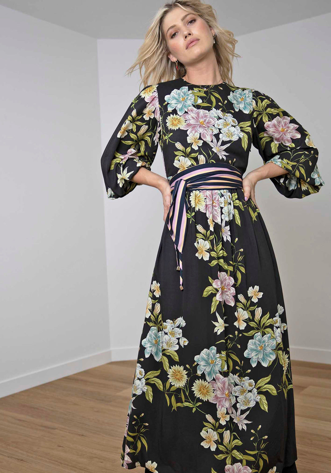 chinese dress ladies Black Floral Satin Maxi Dress - All Dresses main image 1