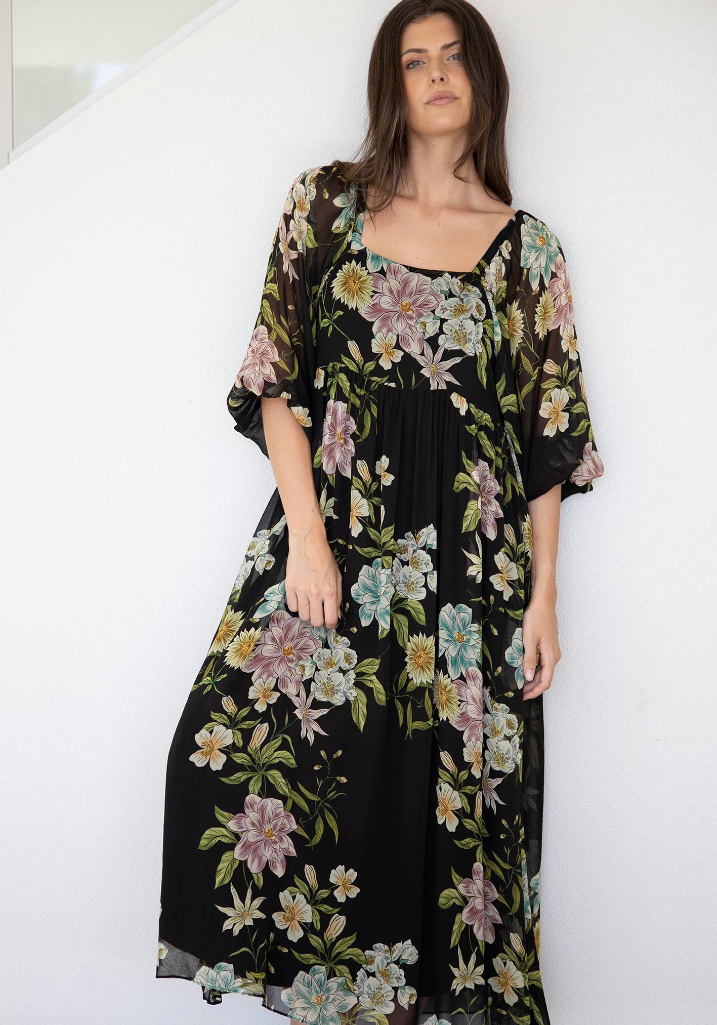 Night Garden Black Floral Square Neck Maxi Dress