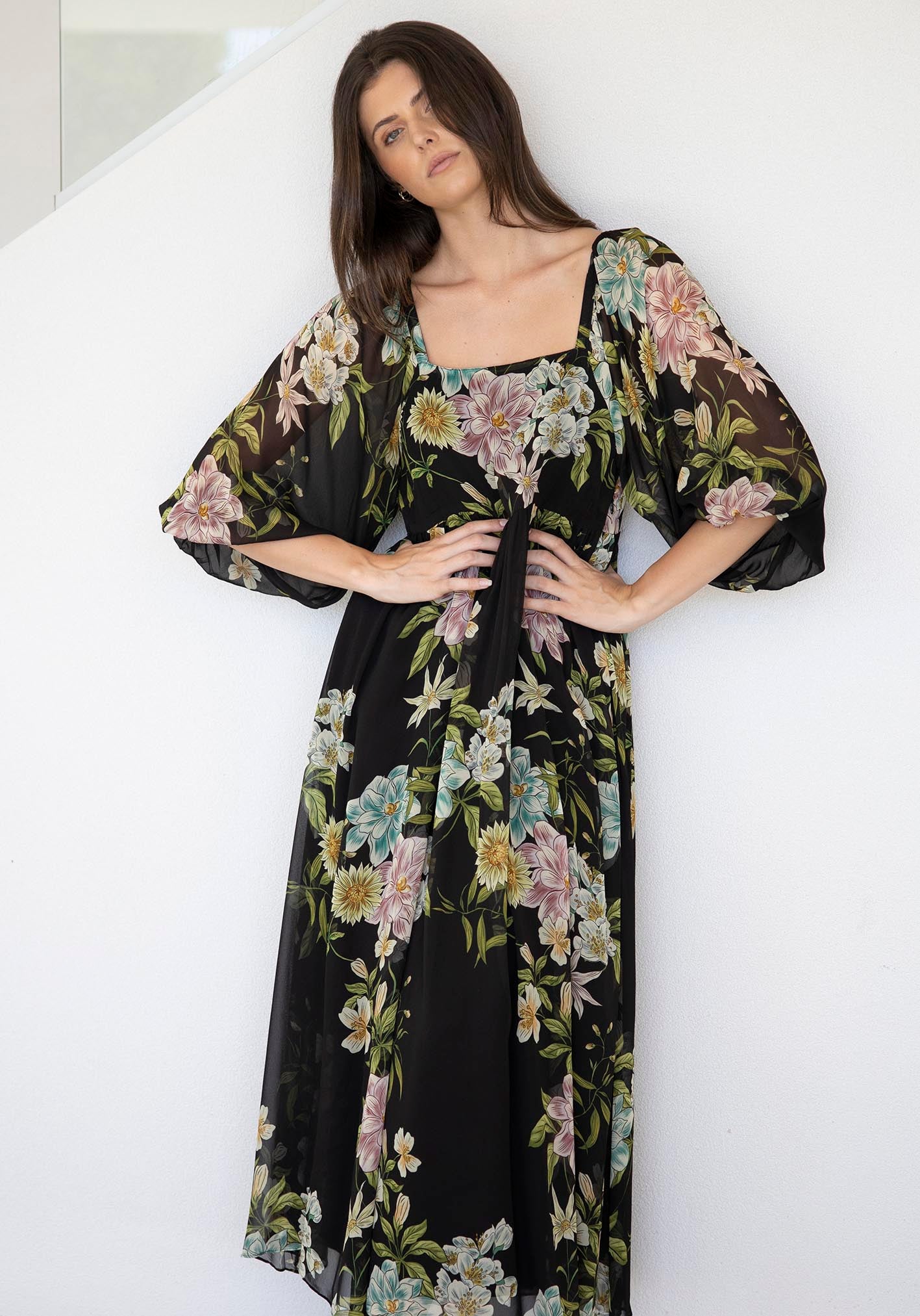 Night Garden Black Floral Square Neck Maxi Dress