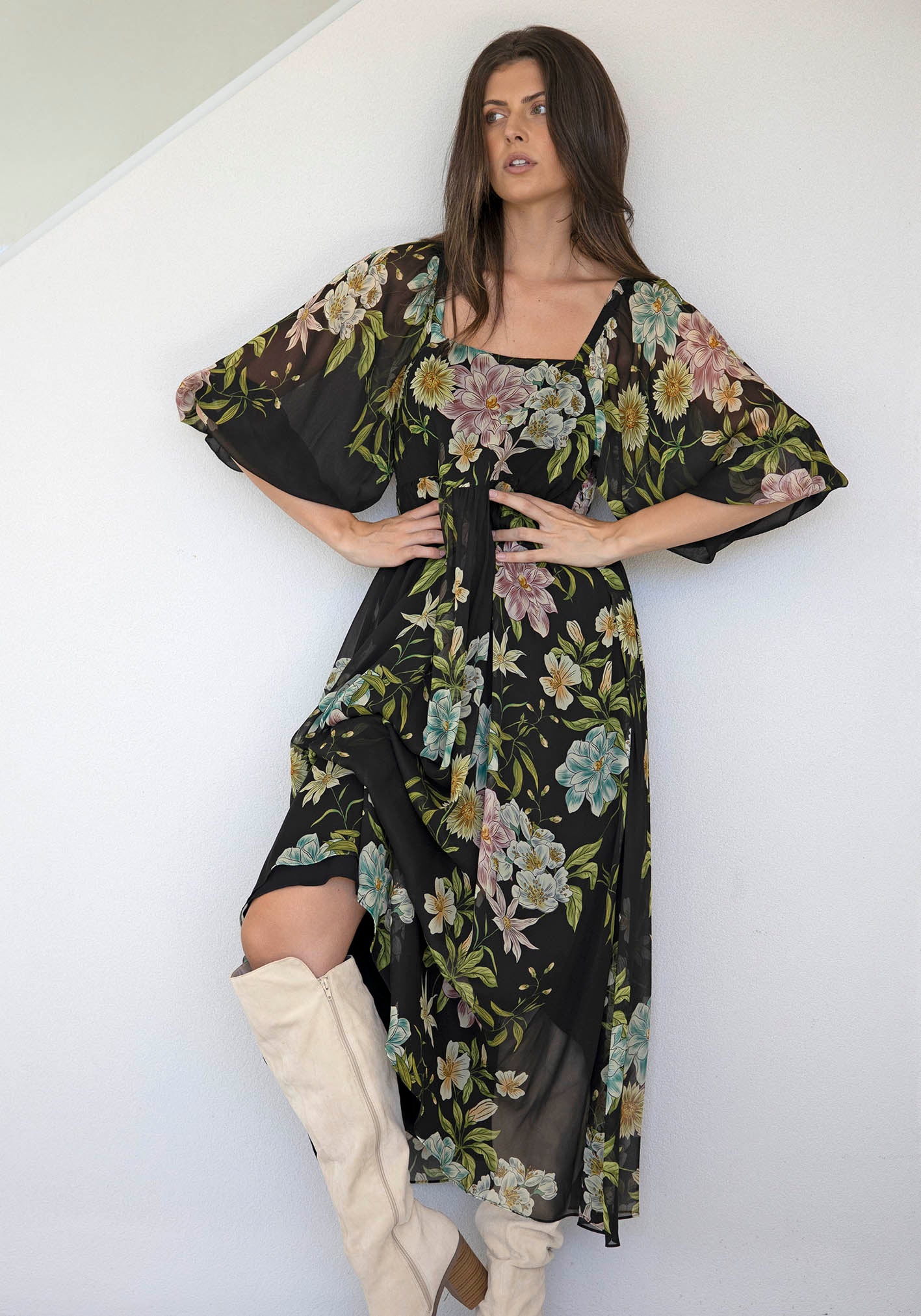 Night Garden Black Floral Square Neck Maxi Dress
