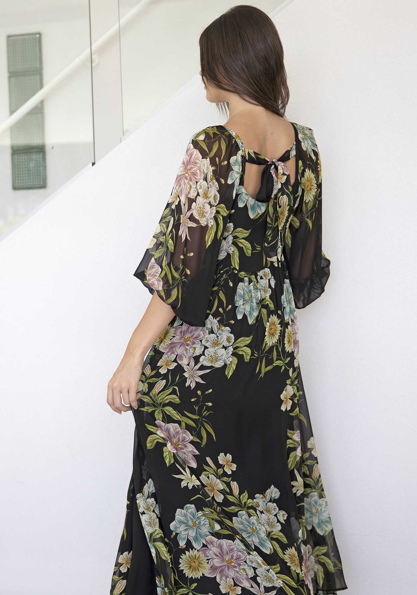 Night Garden Black Floral Square Neck Maxi Dress