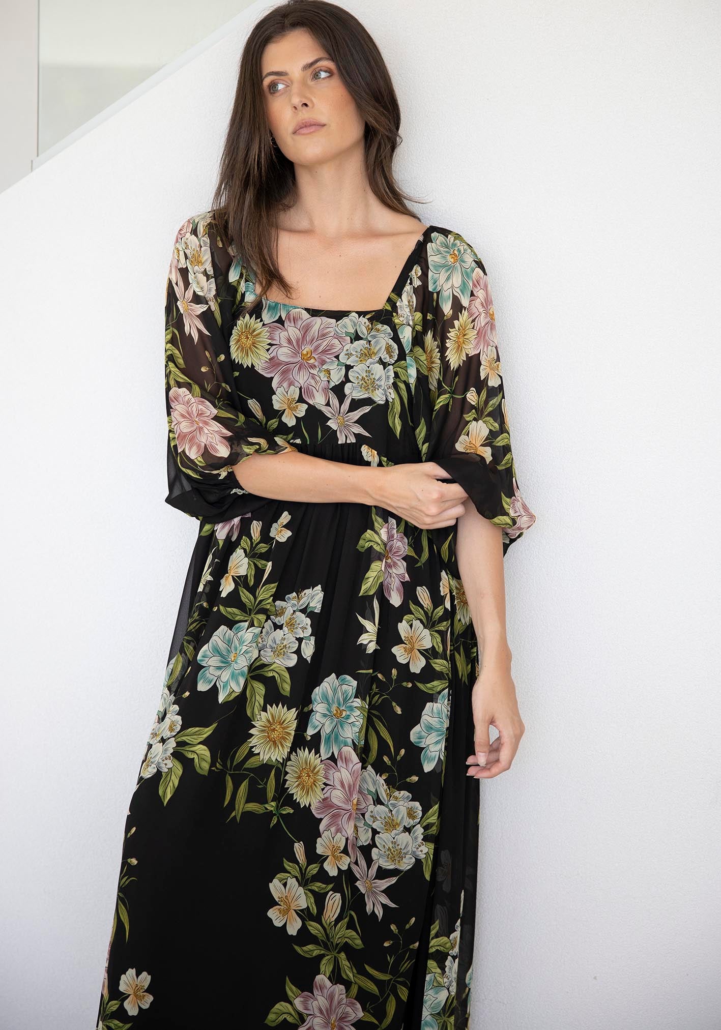 Night Garden Black Floral Square Neck Maxi Dress