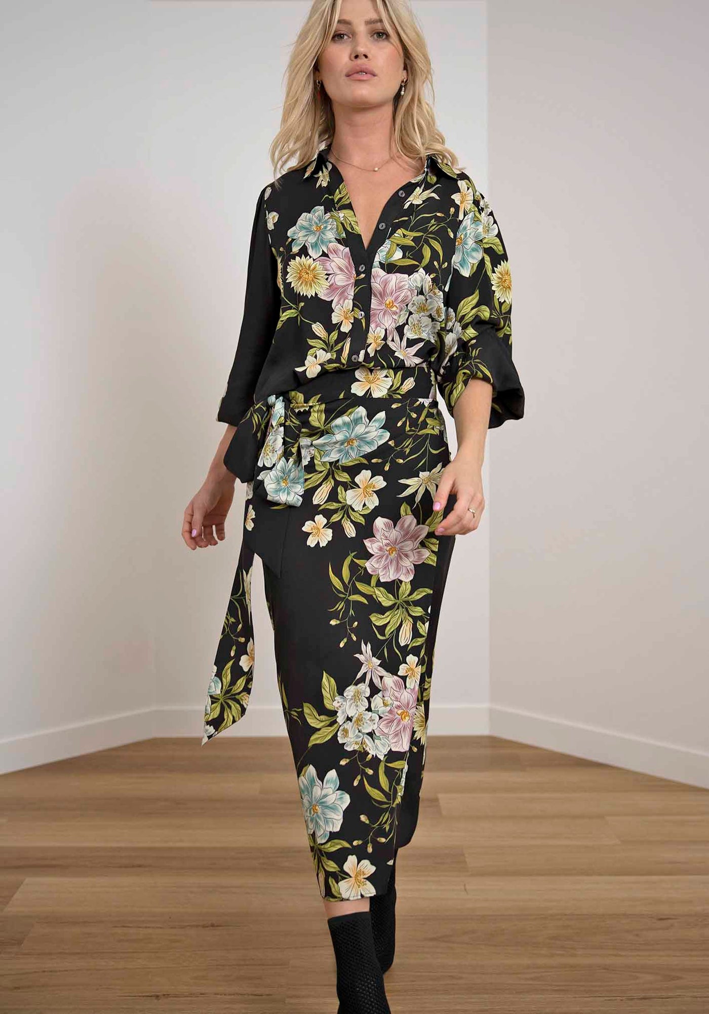 Night Garden Floral Wrap Midi Skirt