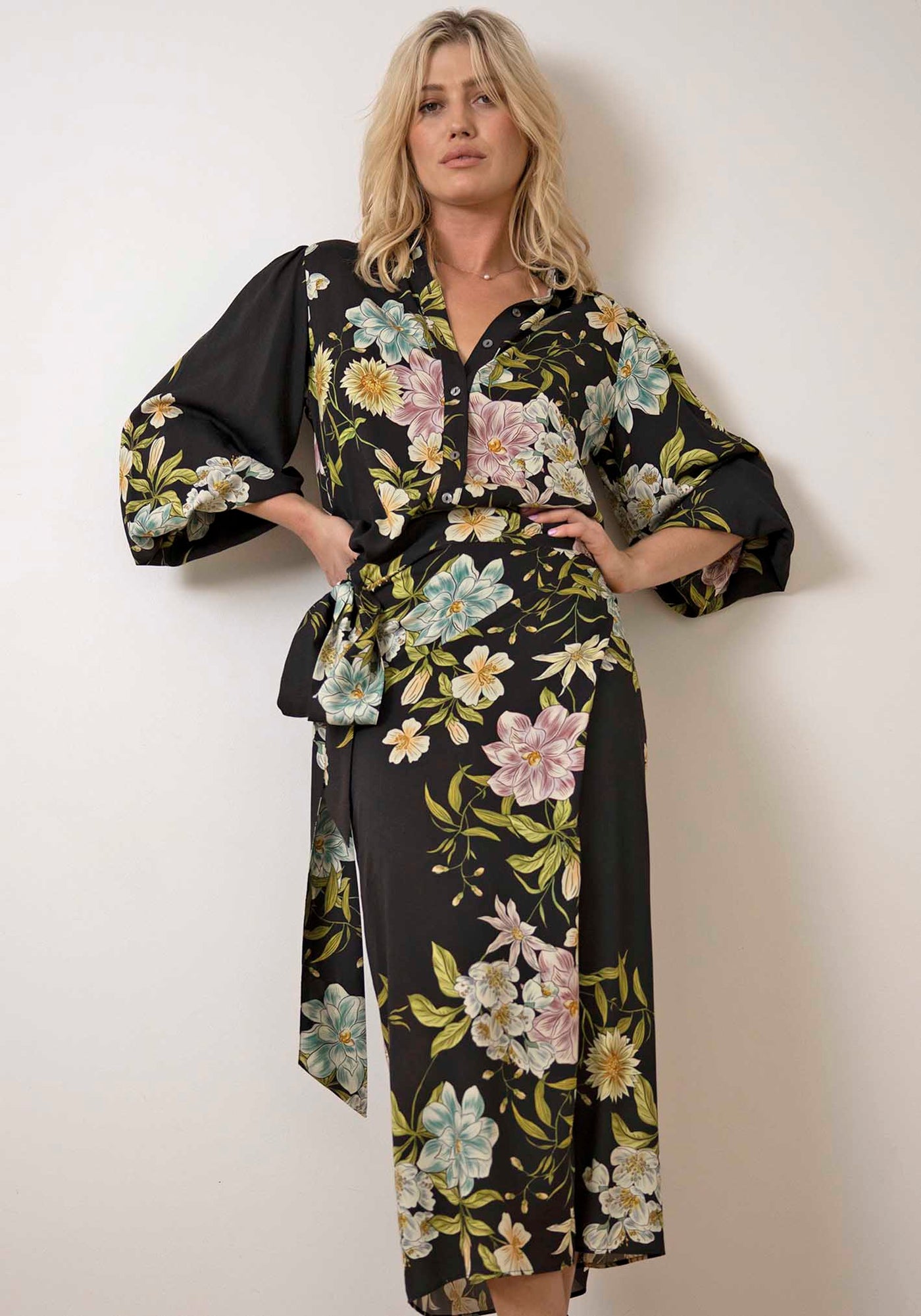 Night Garden Floral Wrap Midi Skirt