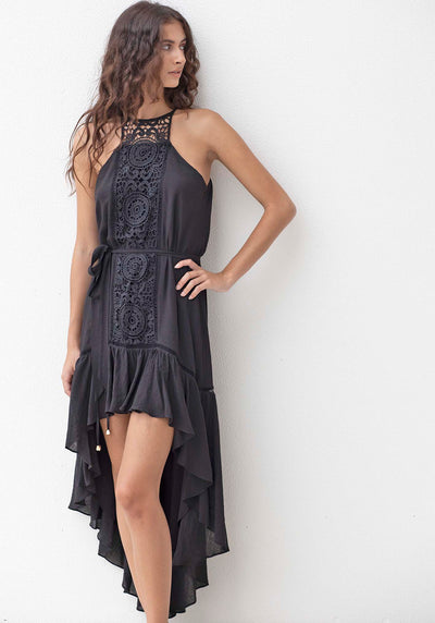 Noosa Lace Front High Low Hem Dress | Black High Low Maxi Dress