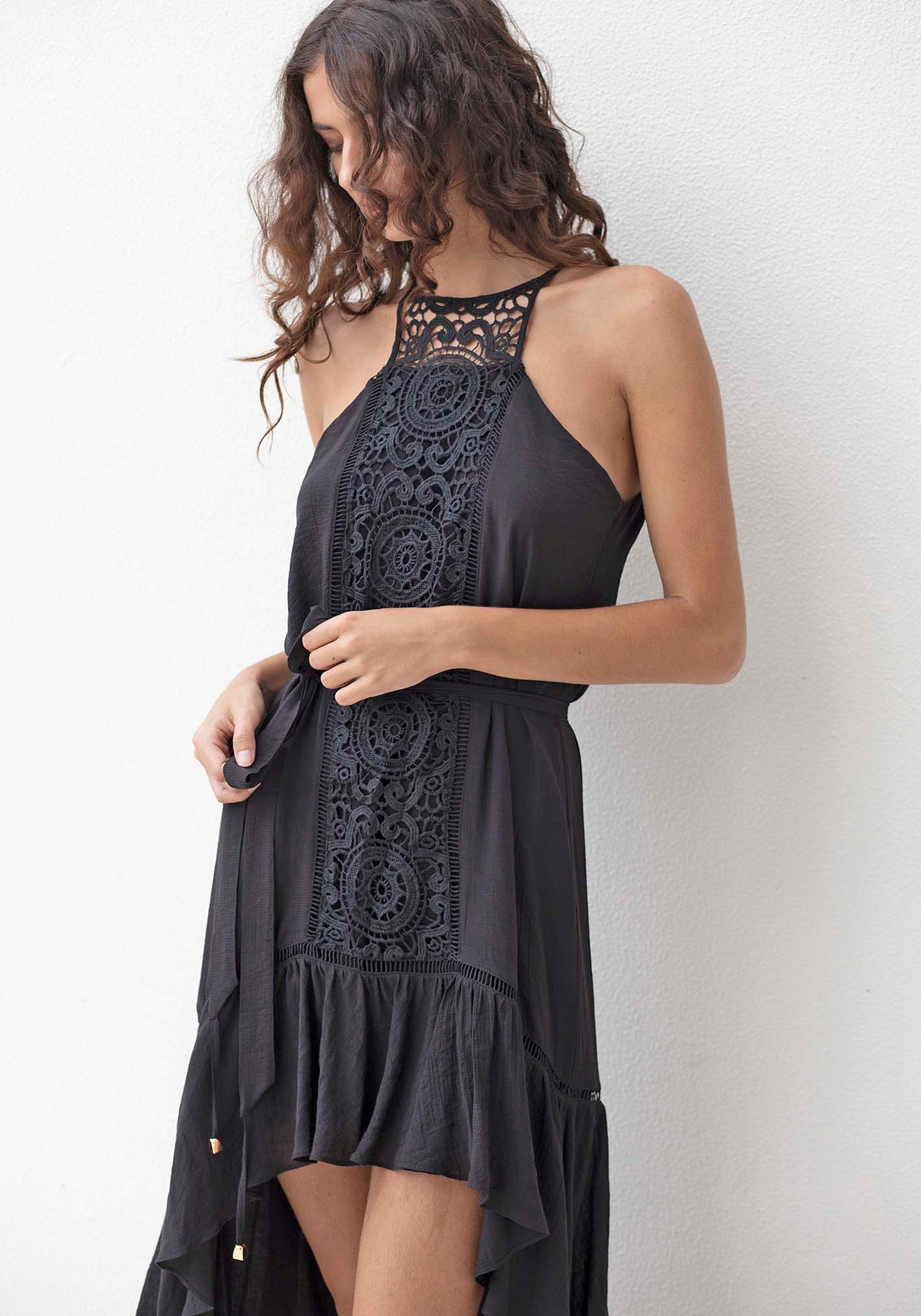 Noosa Lace Front High Low Hem Dress | Black High Low Maxi Dress