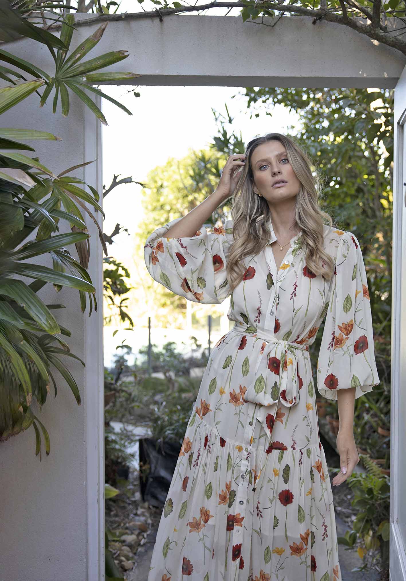 Perennial Floral Sleeve Button Through Maxi Dress