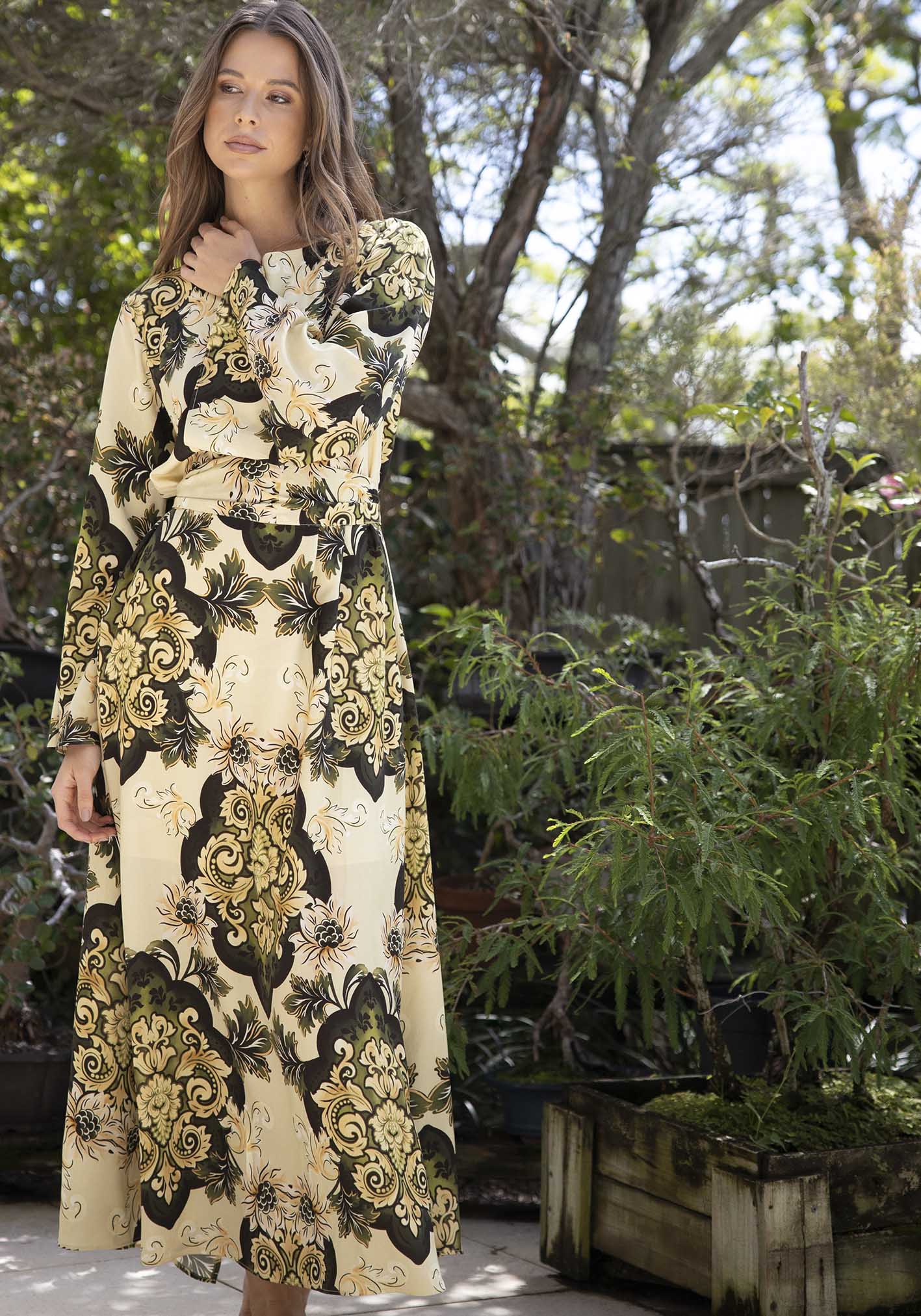 Rhapsody Paisley Cream Bell Sleeve Maxi Dress