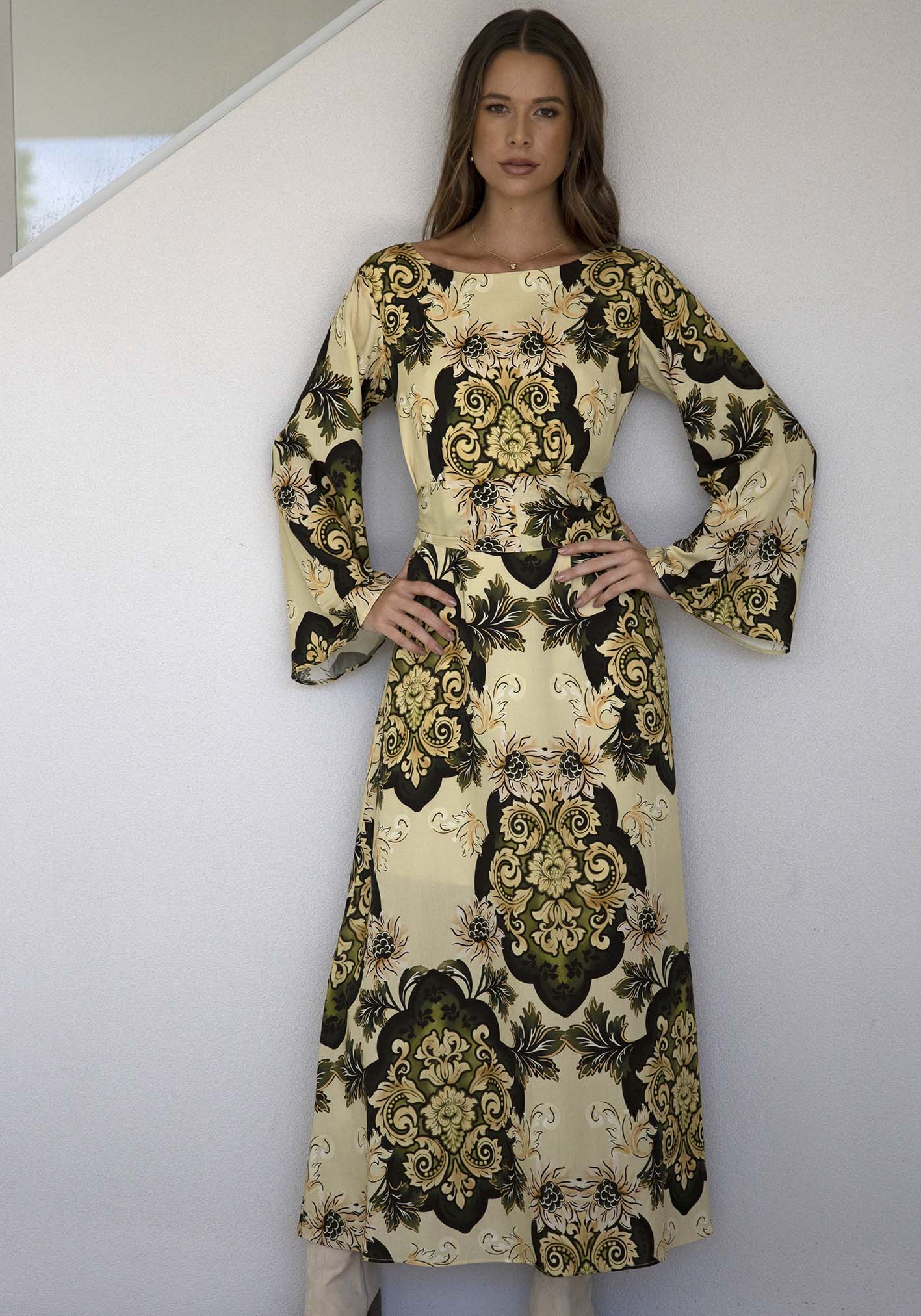 Rhapsody Paisley Cream Bell Sleeve Maxi Dress
