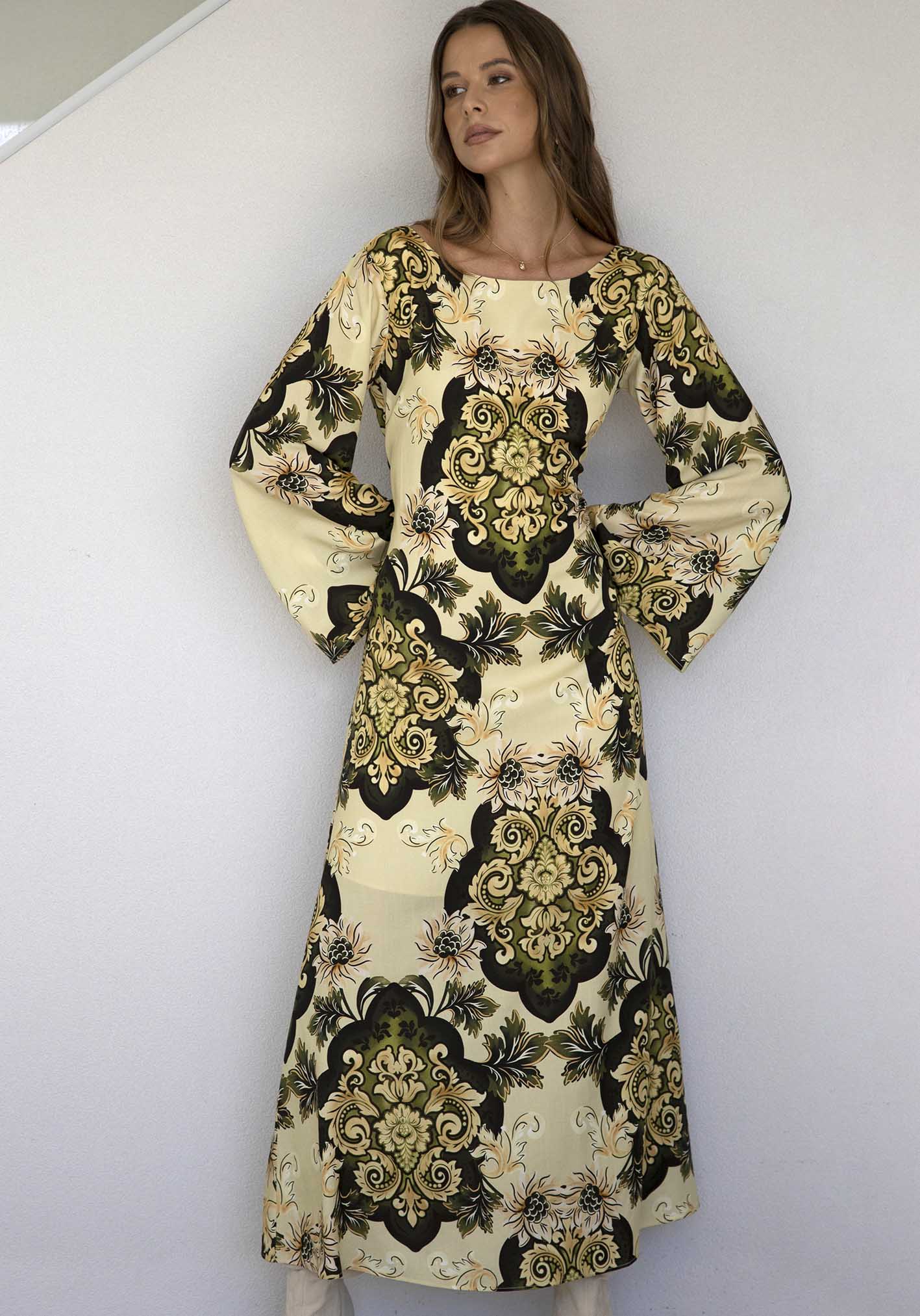 Rhapsody Paisley Cream Bell Sleeve Maxi Dress