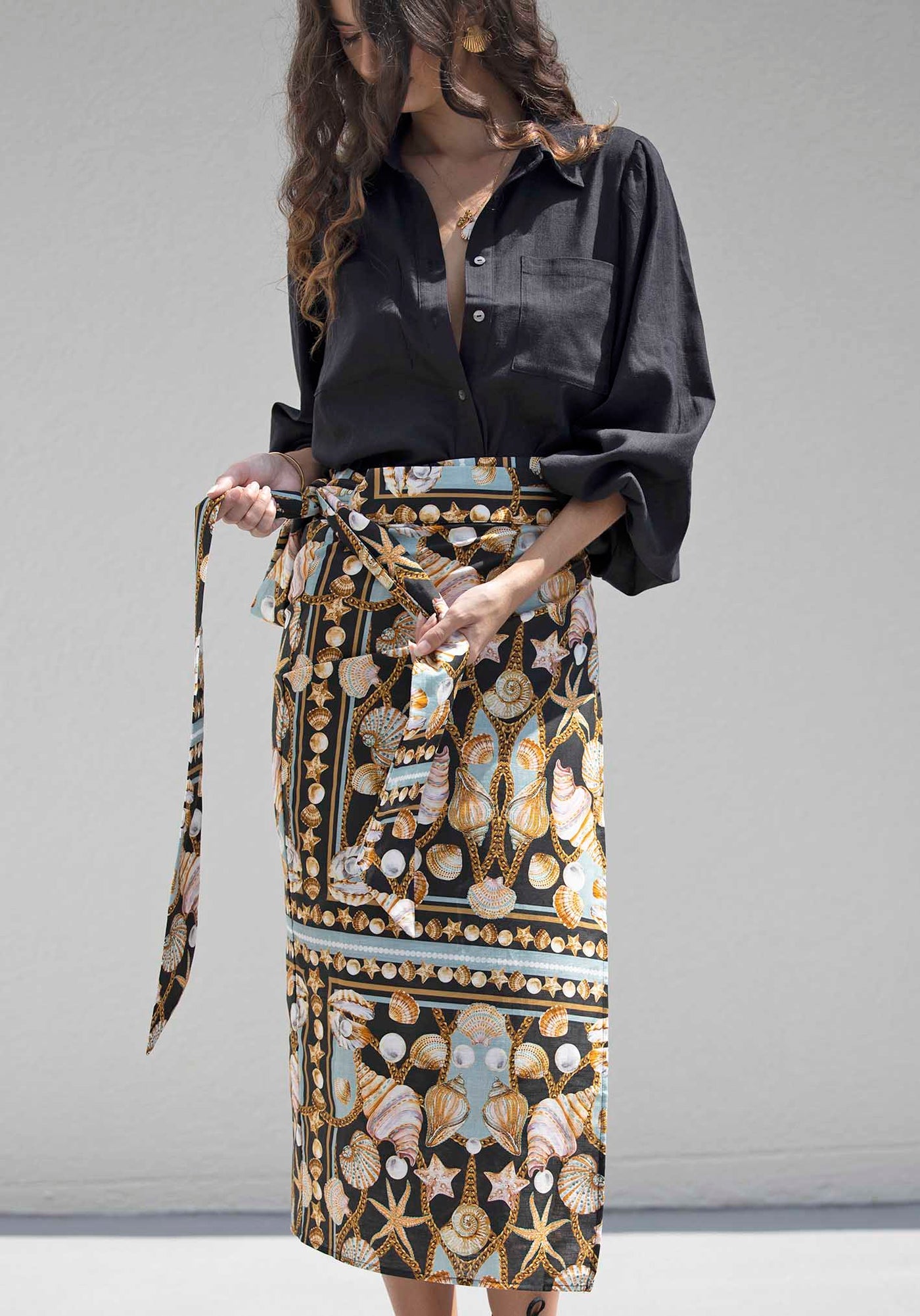 Dark Treasure Linen Midi Wrap Skirt