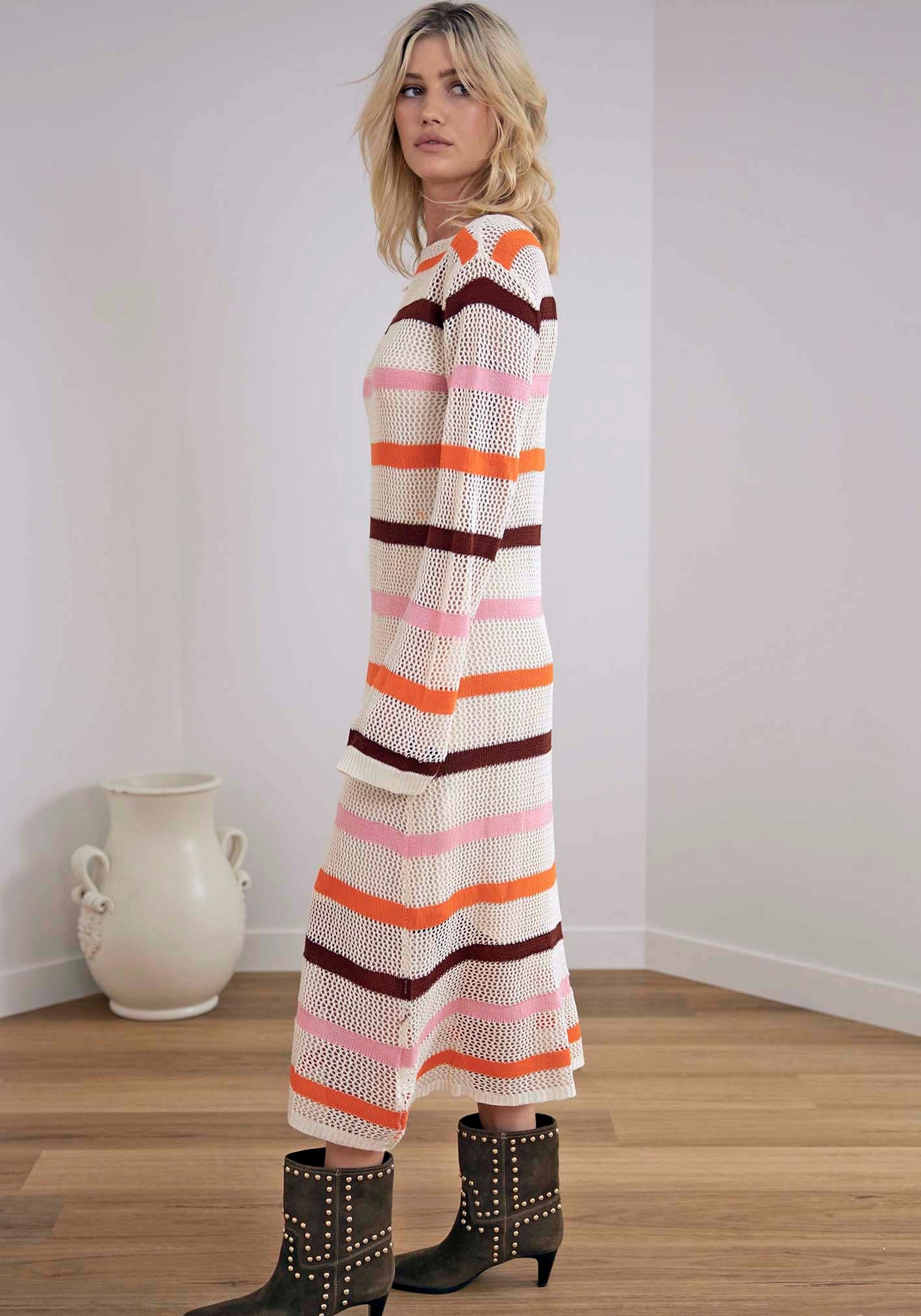 Stormy Stripe Crochet Knit Midi Dress