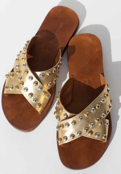 Tribal Gold Stud Leather Slides