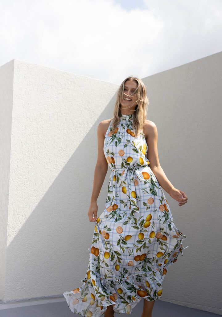 Halter Bohemian Floral Maxi Dress - Tropical Print Keyhole Sundress With A-Line Silhouette