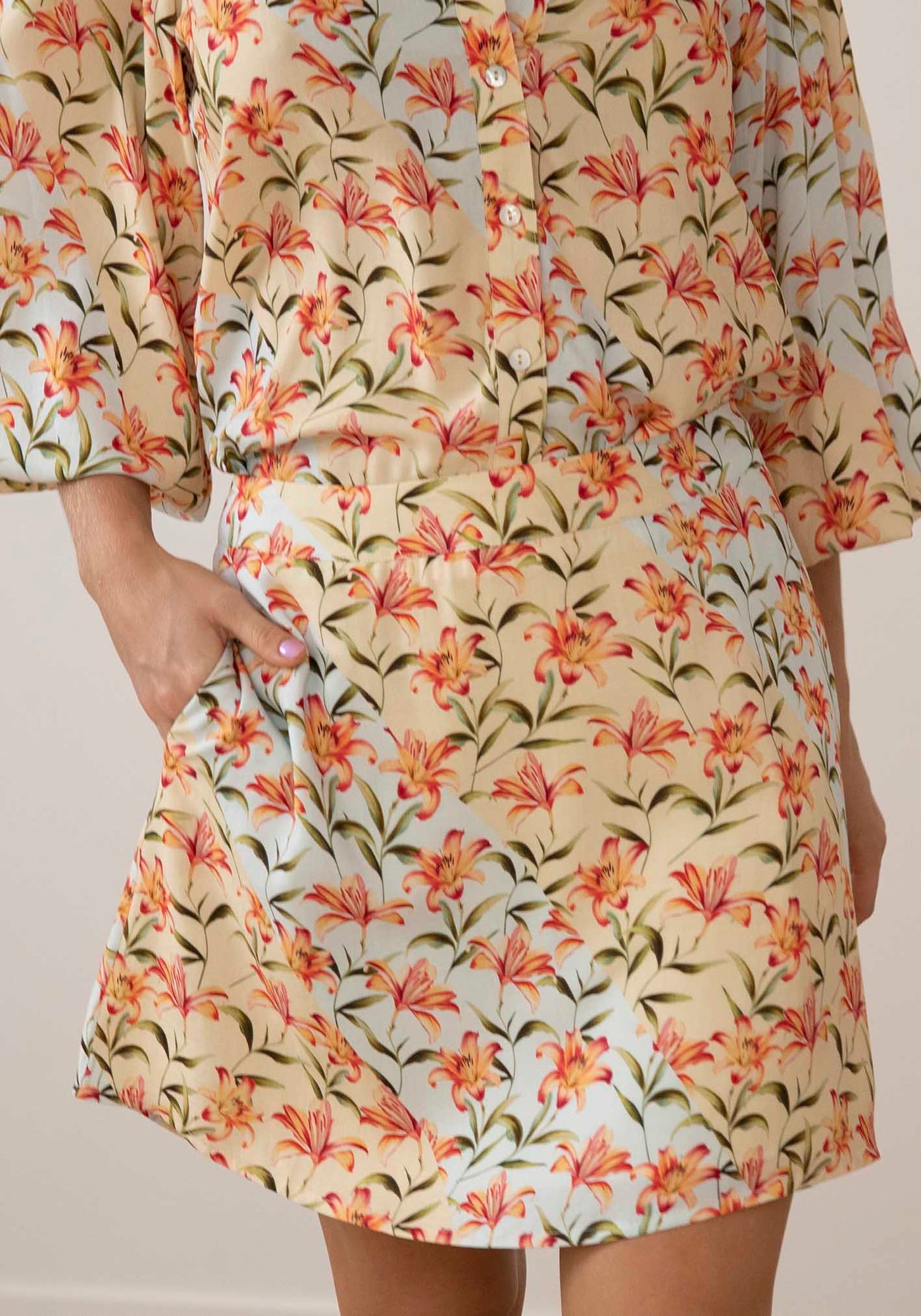 Waterlily Spliced Floral Mini Skirt + Blouse Set