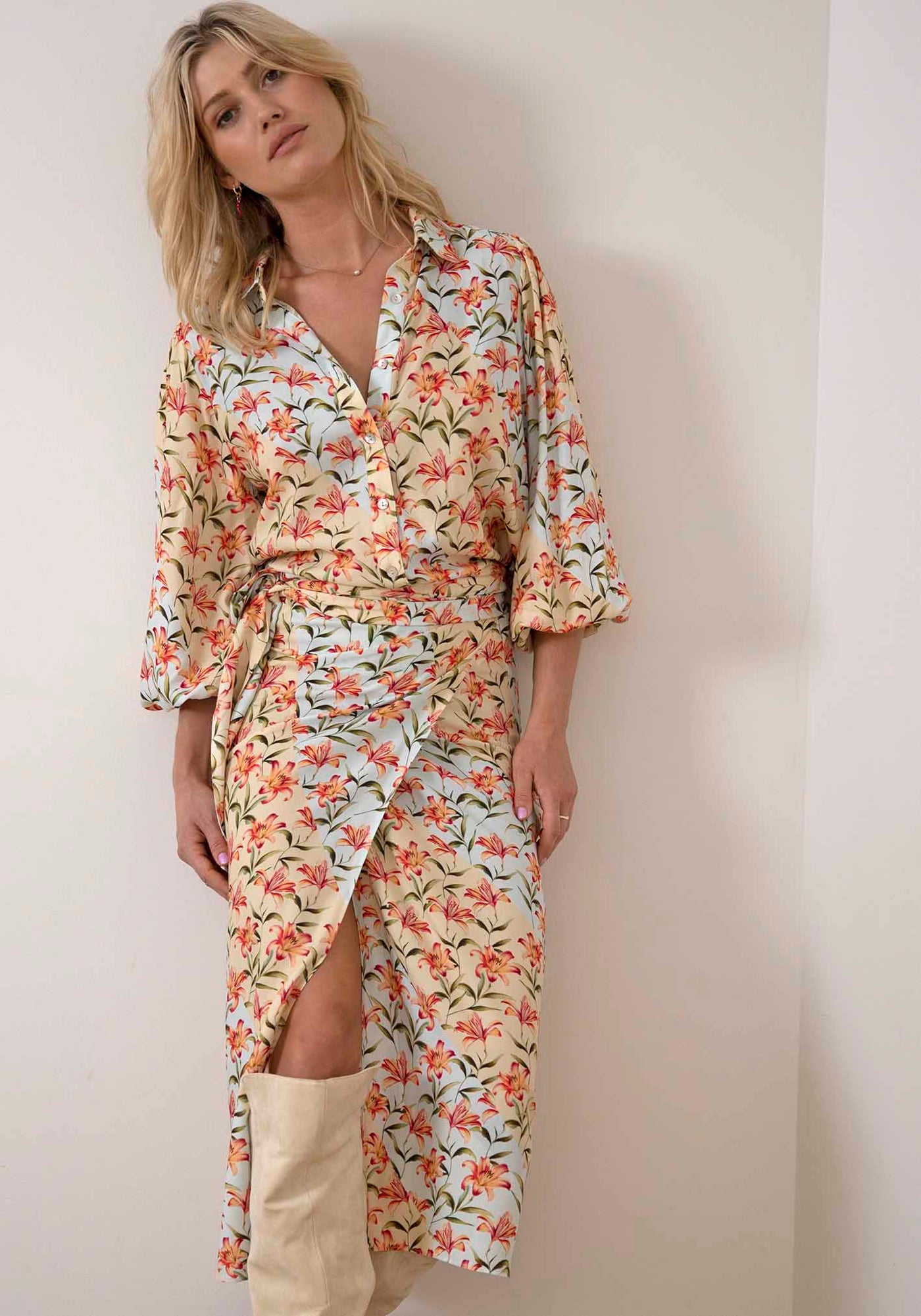 Waterlily Spliced Floral midi wrap skirt + blouse