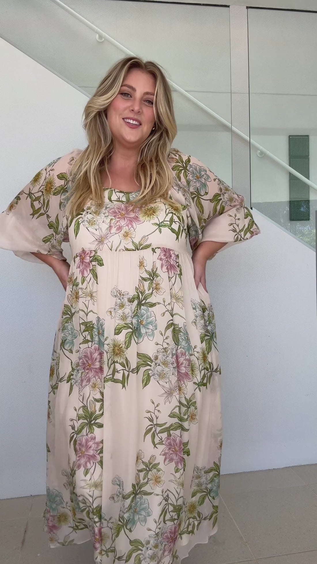 Momento Cream Floral Square Neck Maxi Dress by Three of Something