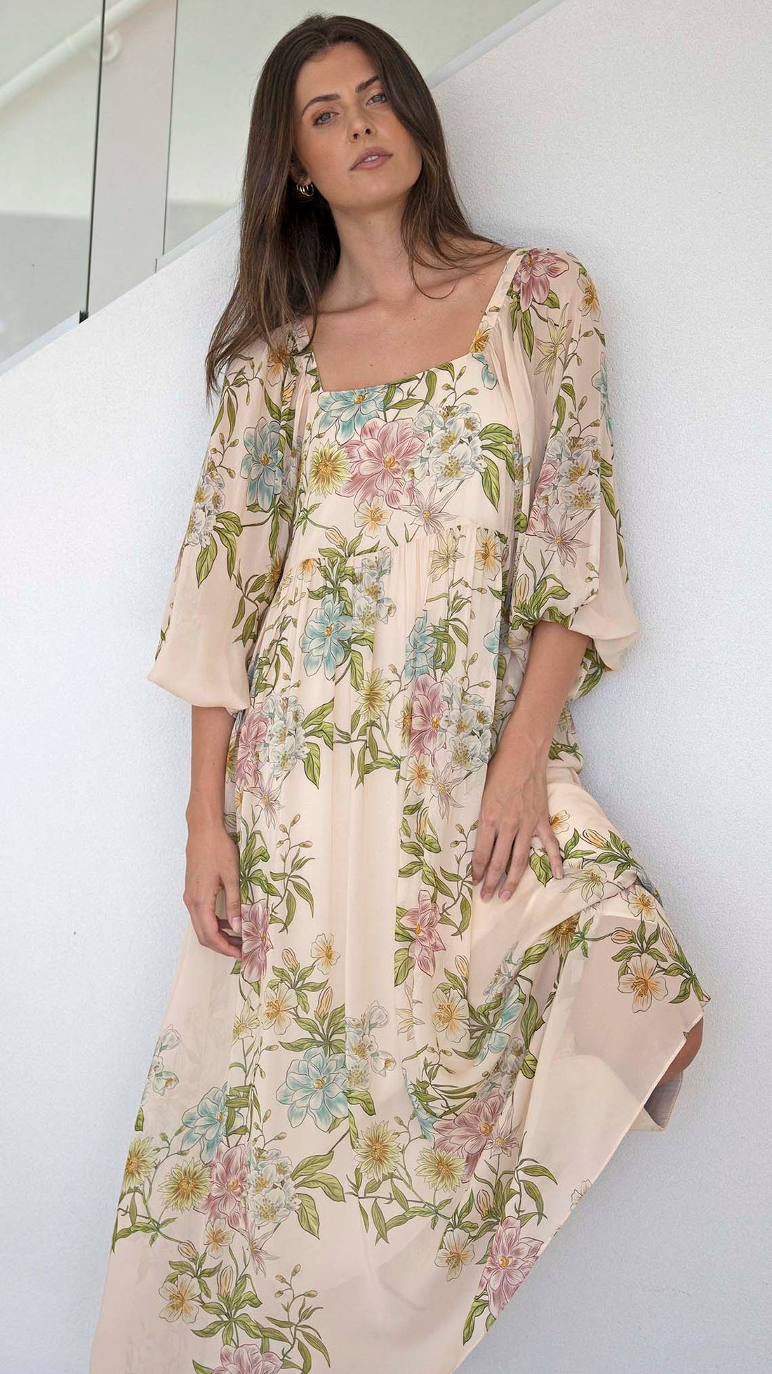 Momento Cream Floral Square Neck Maxi Dress by Three of Something