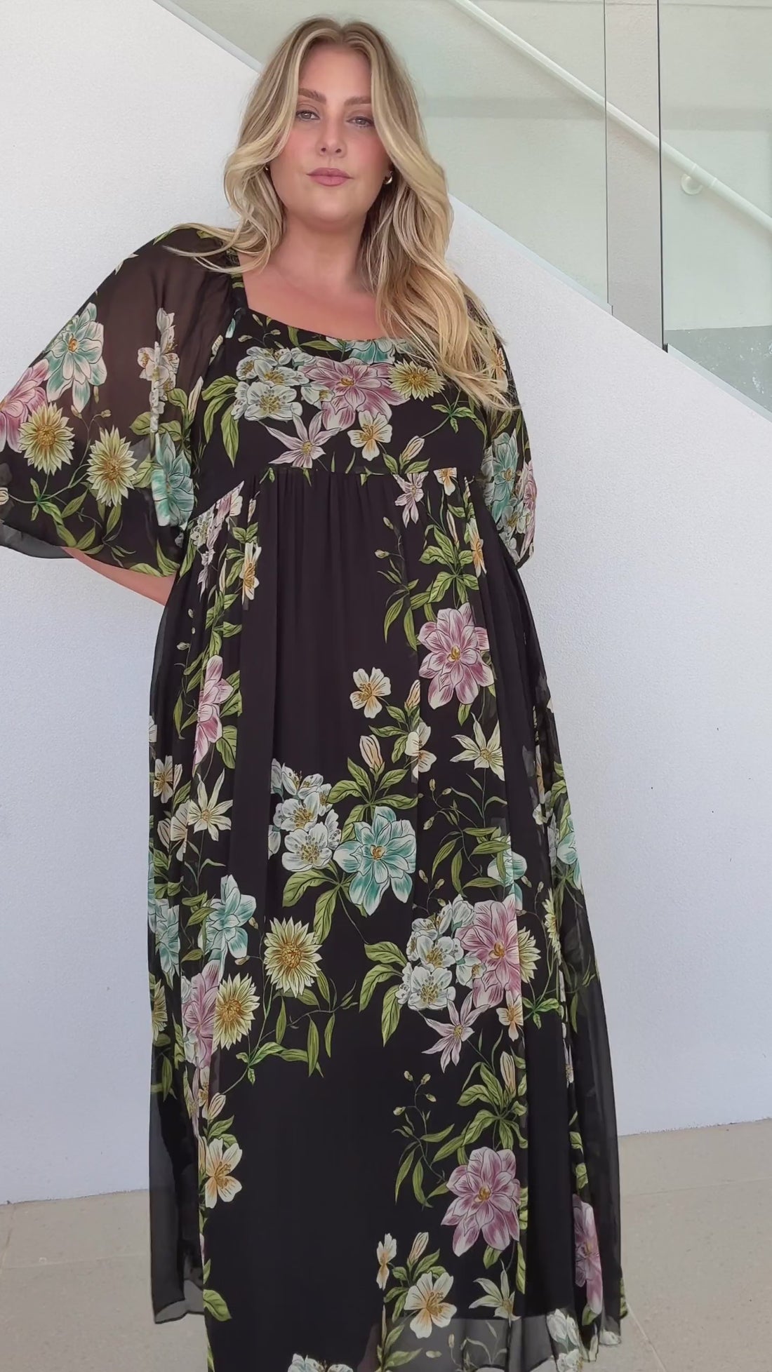 Night Garden Black Floral Square Neck Maxi Dress by Three of Something