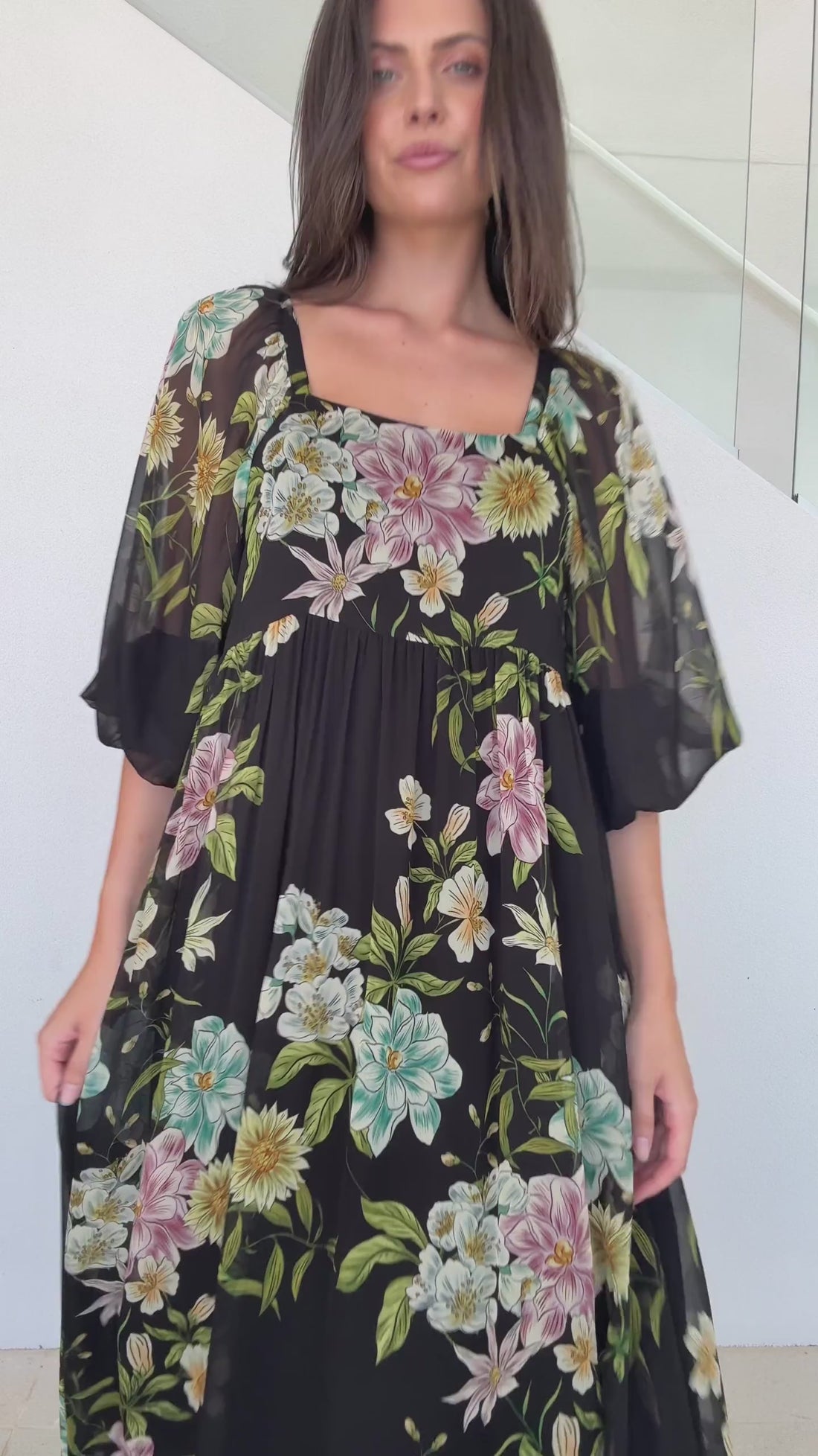 Night Garden Black Floral Square Neck Maxi Dress by Three of Something